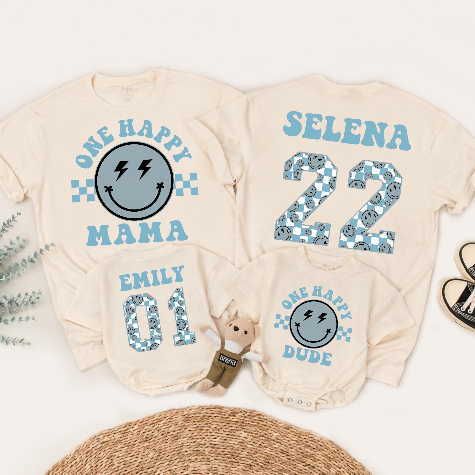 One Happy Dude Birthday Shirt with Smiley Face Lightning Eyes Fun Family Outfit Personalized Cotton Toddler Baby Bodysuit Celebration