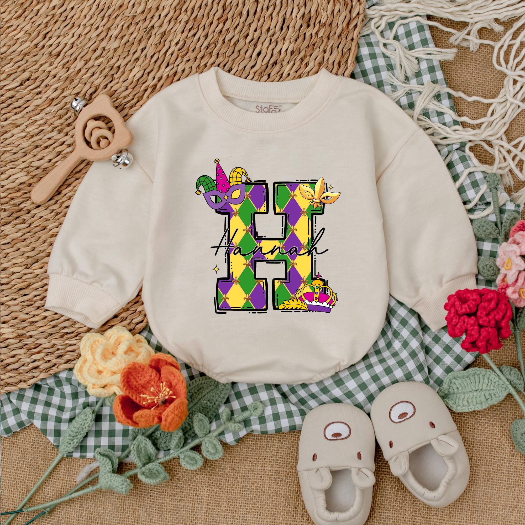 Personalized Mardi Gras Baby Romper with Harlequin H and Masks Cotton Outfit Gift for Girls and Boys Festive Holiday Style Comfortable