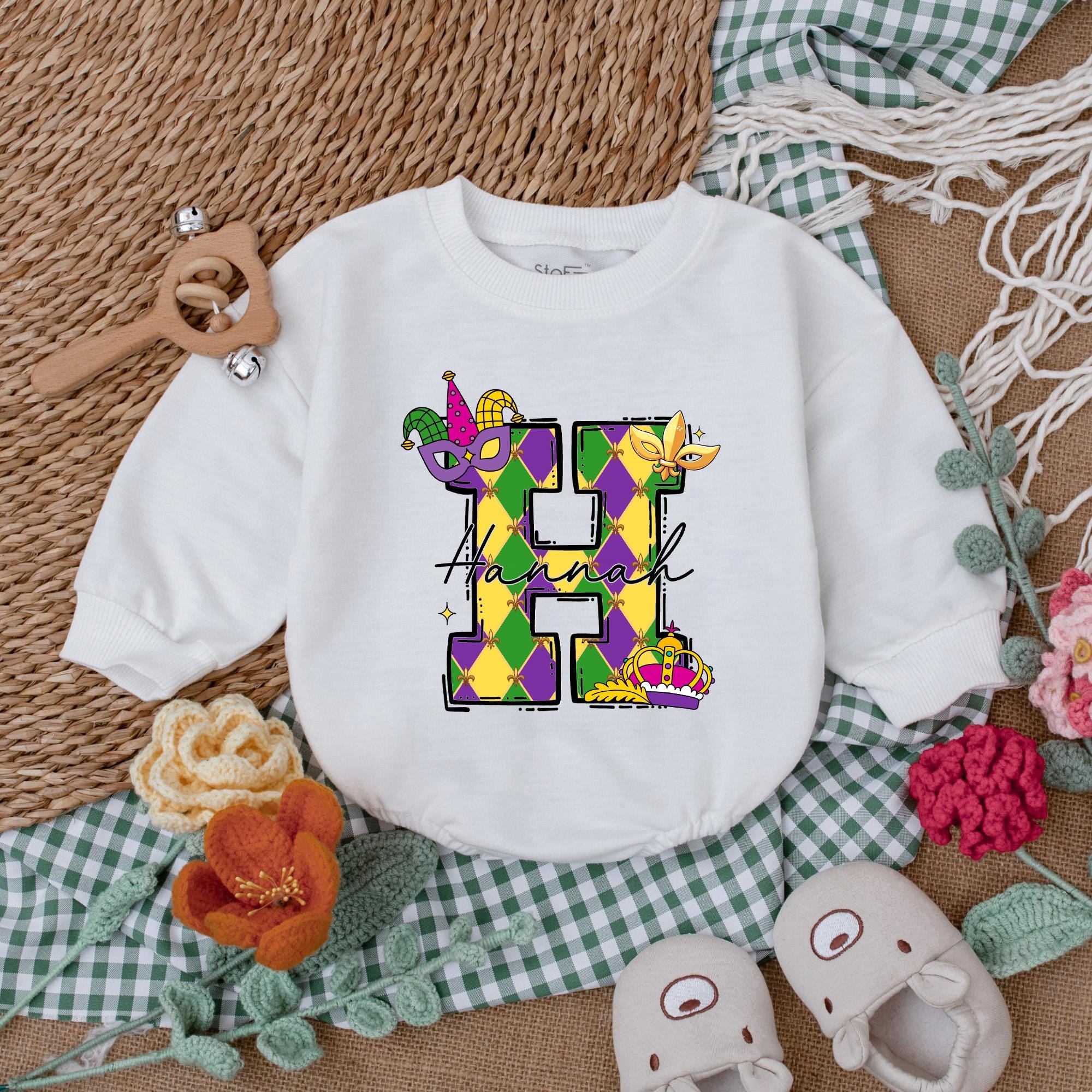 Personalized Mardi Gras Baby Romper with Harlequin H and Masks Cotton Outfit Gift for Girls and Boys Festive Holiday Style Comfortable