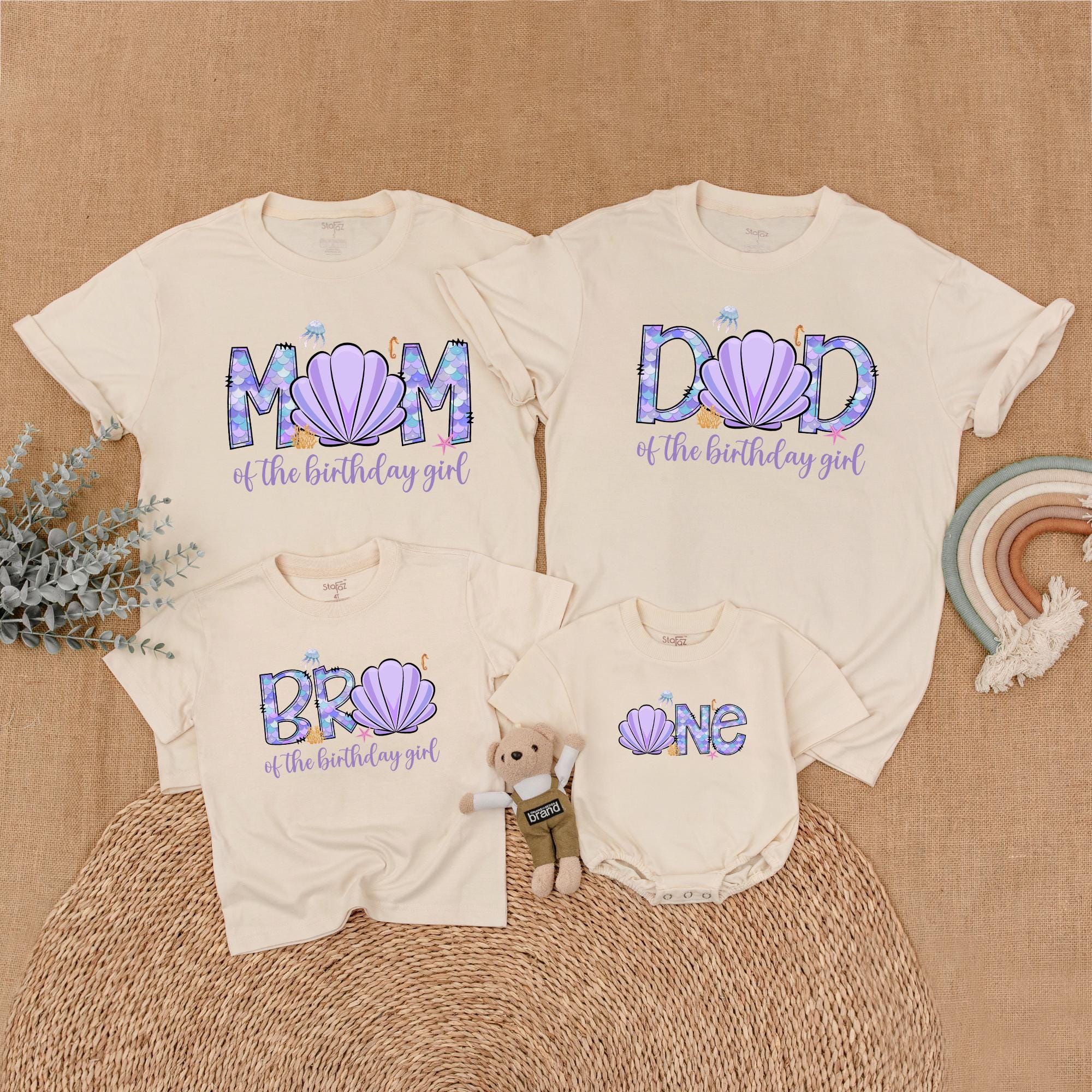 Custom Mermaid Birthday Family Shirts with Seashell Design Matching Outfits for Mom Dad Sis One-Year-Old First Birthday Celebration