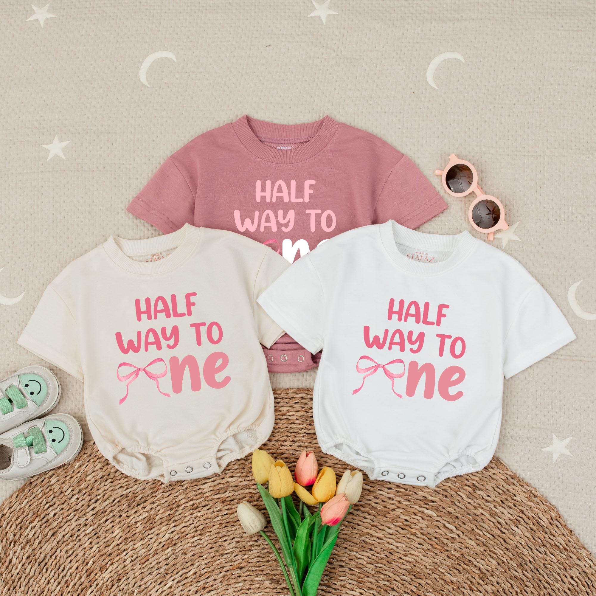 Half Way to One Pink Bow Birthday Shirt for Baby Girls Cheerful Party Outfit Cute 1st Celebration Infant Top Comfortable Cotton Design