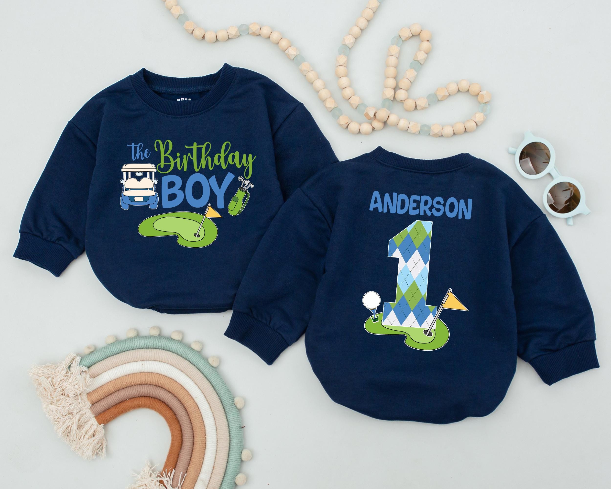 Golf-Themed First Birthday Romper with Argyle Design