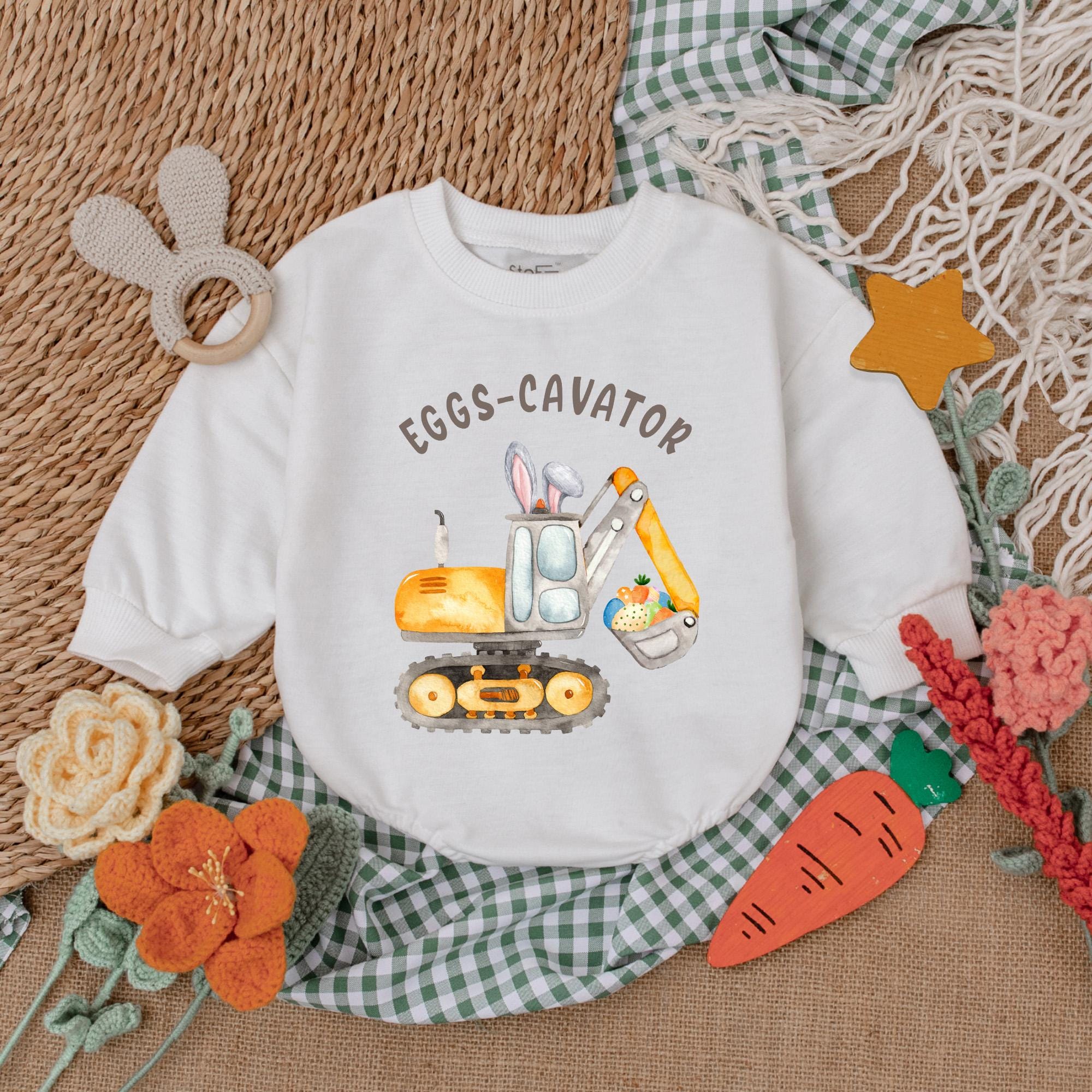 Eggs-Cavator Baby Romper Bodysuit | Funny My First Easter Outfit for Boys