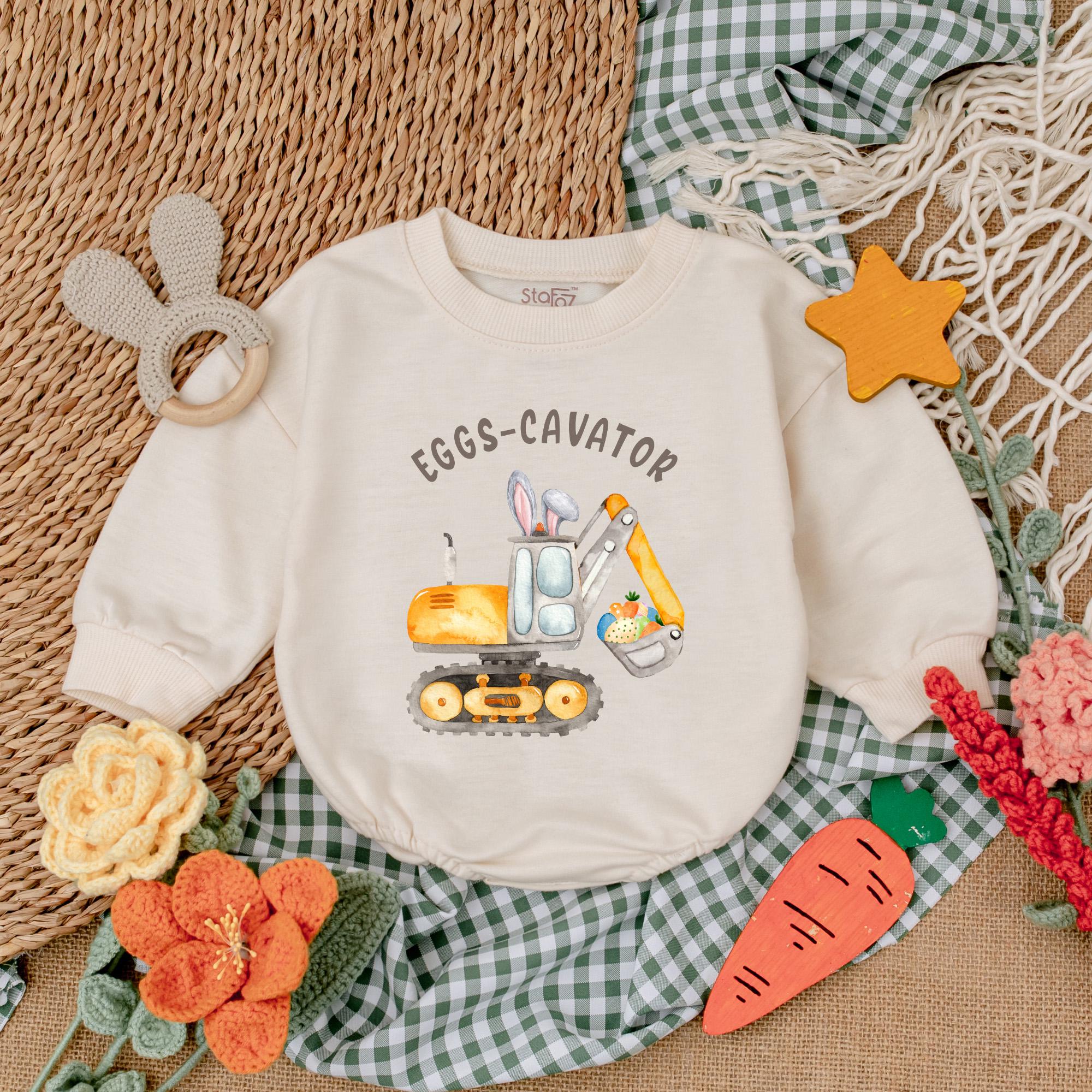 Eggs-Cavator Baby Romper Bodysuit | Funny My First Easter Outfit for Boys