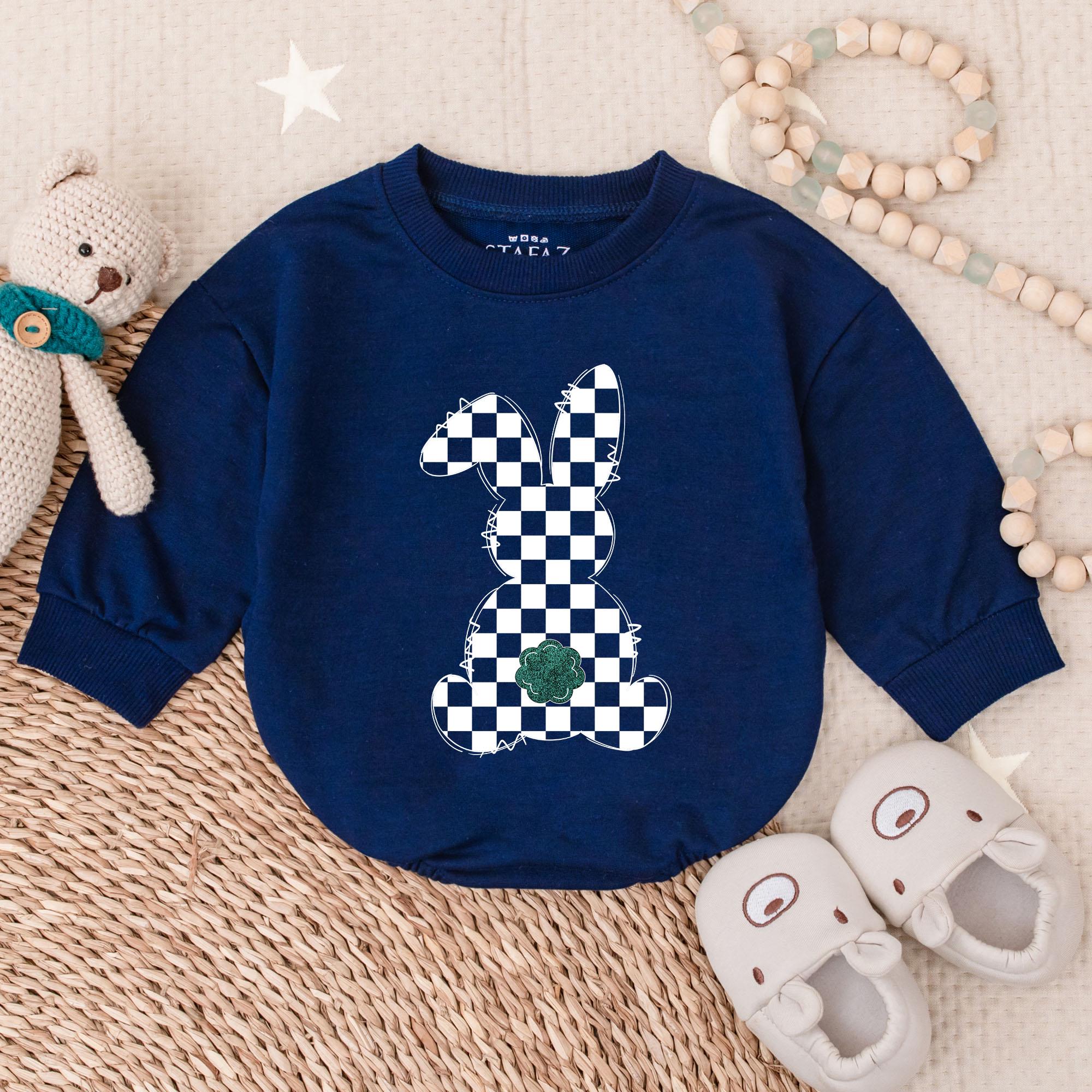 Checker Bunny Boy Bubble Romper with Clover Design Soft Cotton Baby Outfit for Easter Holiday Infant Clothes Newborn Bodysuit Gift