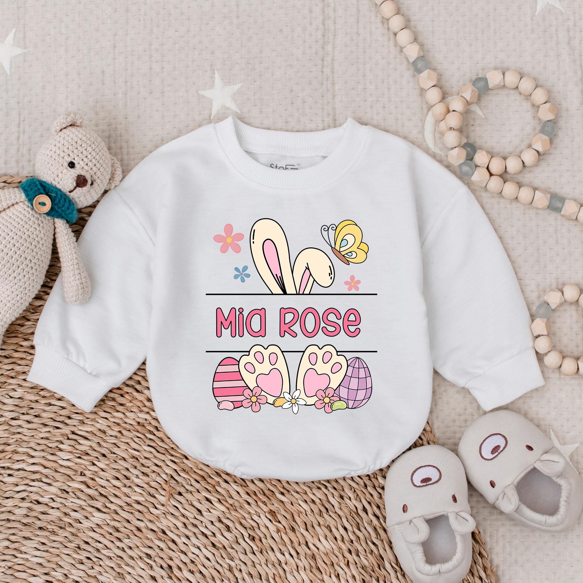 Custom Name Easter Romper with Bunny Ears - Personalized Baby Outfit