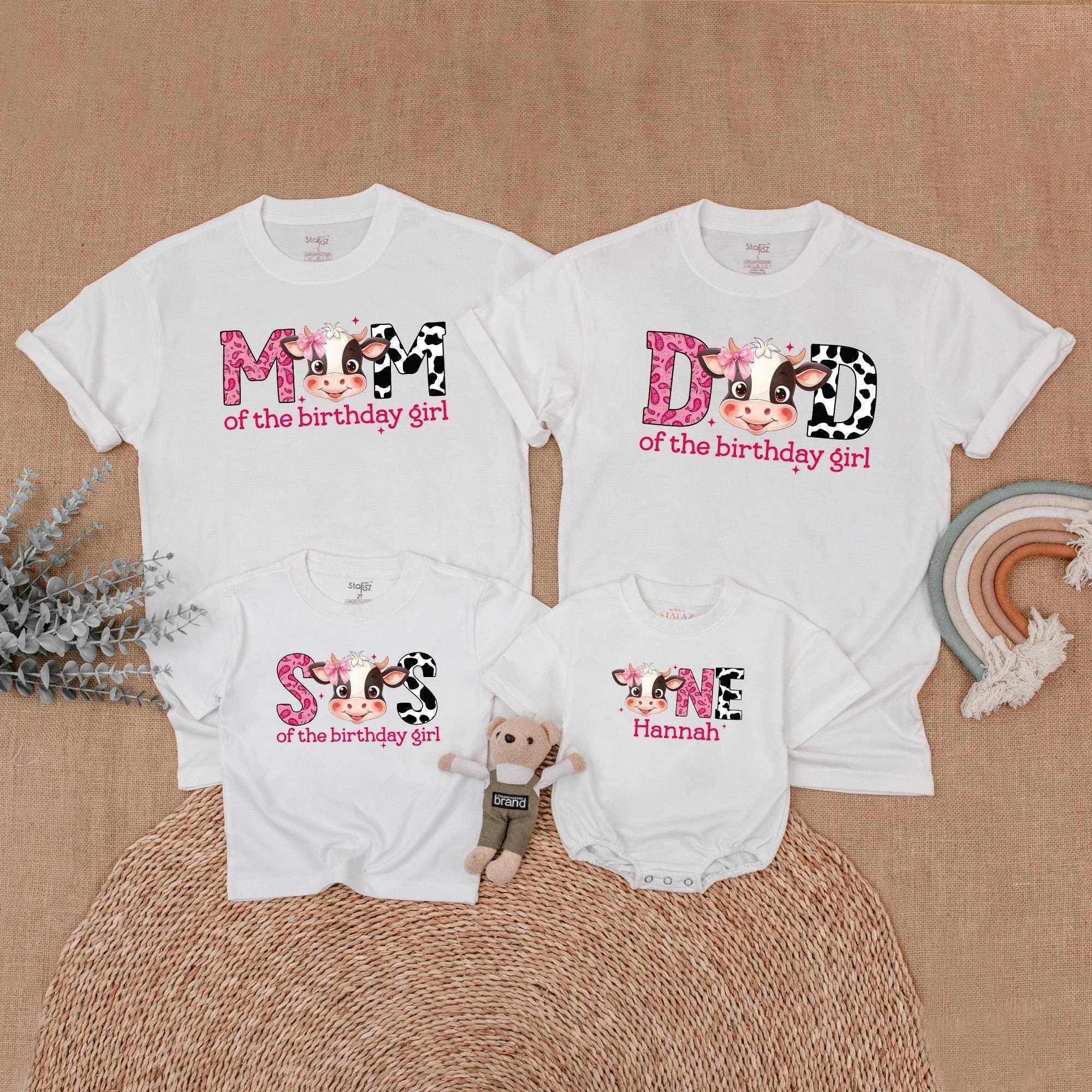 Girls Personalized Cow Print Birthday Outfit Matching Family Western Theme Shirt for Mom Dad Sis Custom Name First Birthday Gift