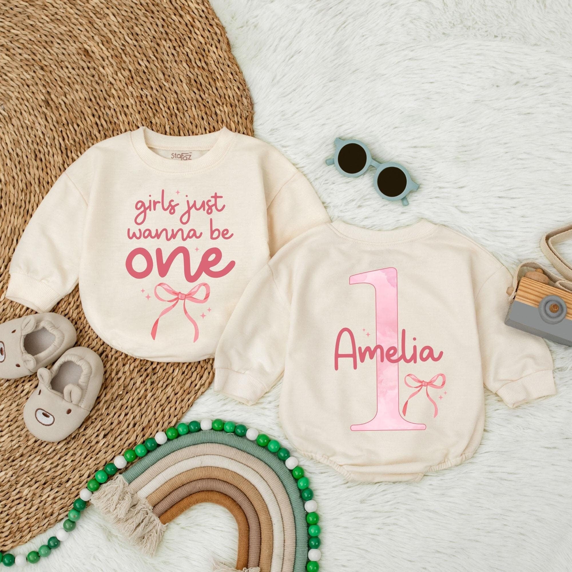 Personalized First Birthday Romper with Pink Bow Design