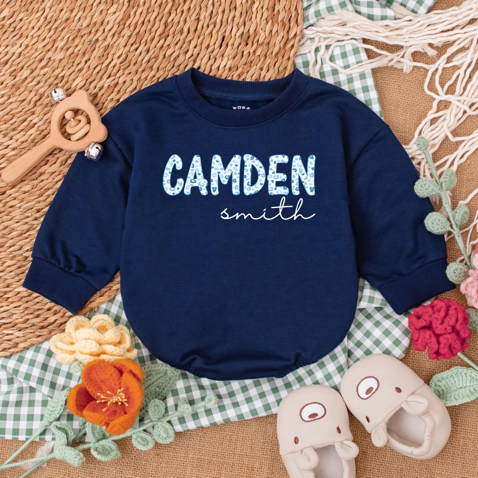 Personalized Blue Leopard Print Camden Romper for Baby Boys Custom Name Outfit Newborn Gift Soft Cotton Stylish Baby Shower Clothes