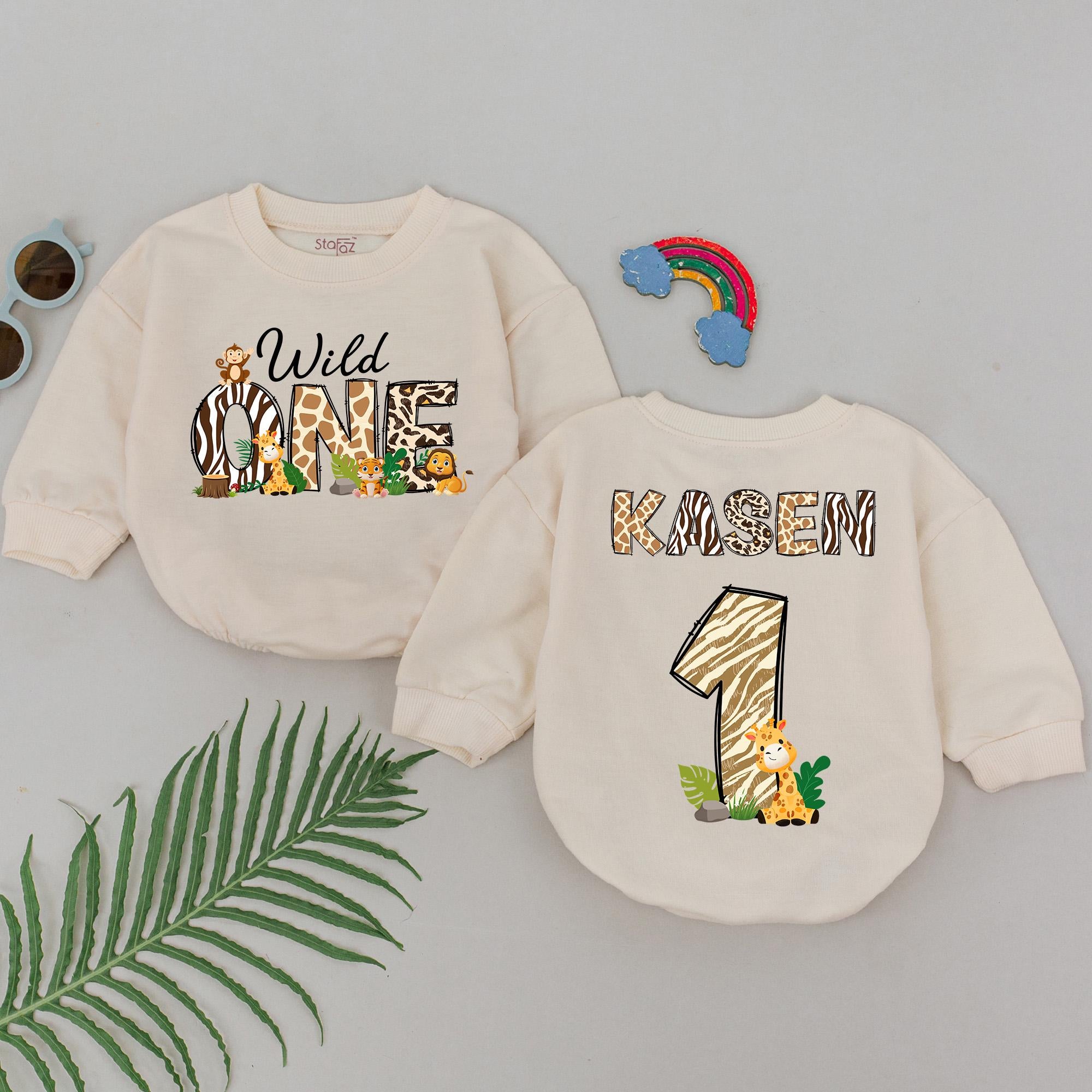 Personalized Wild One Safari Romper for Baby's First Birthday with Lion Giraffe Jungle Theme Custom Name Kasen Perfect Party Gift