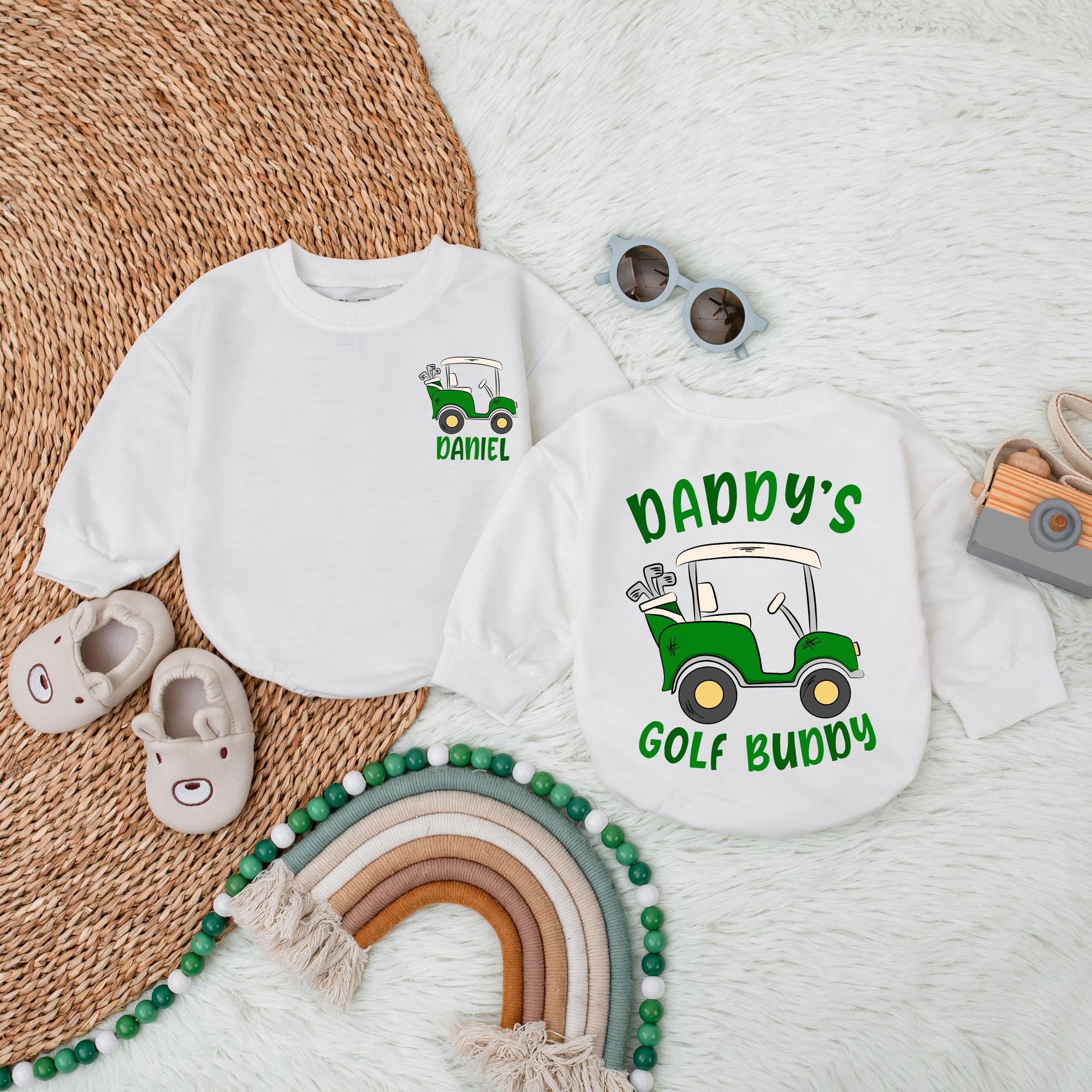 Personalized Daddy's Golf Buddy Romper Green Golf Cart Baby Bodysuit Custom Name Infant Gift Soft Cotton Playful Design Family Fun