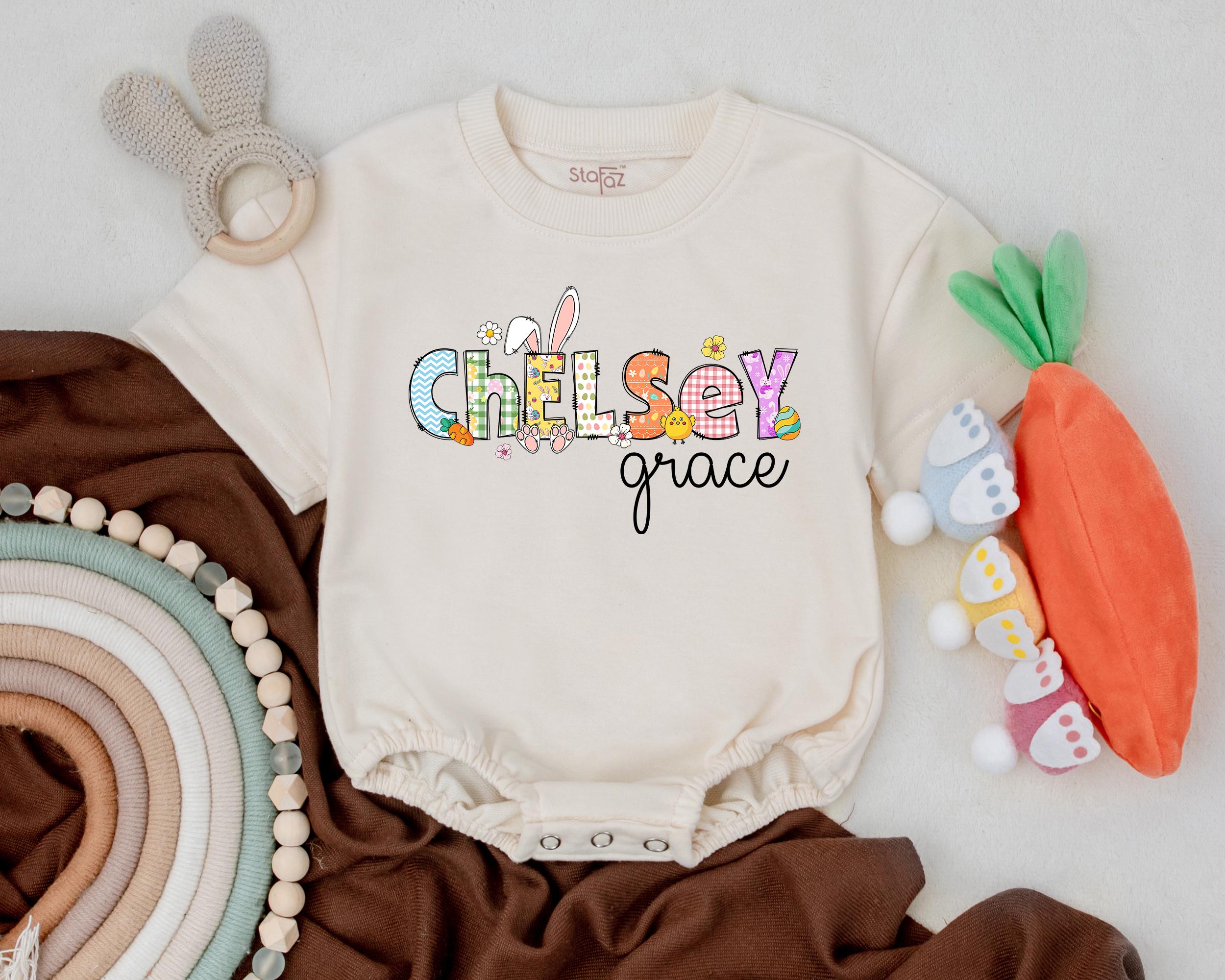 Personalized Chelsey First Easter Baby Romper Whimsical Bunny Design Infant Girl Boy Outfit Gift Spring Celebration