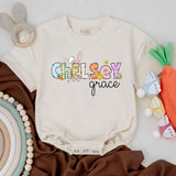 Personalized Chelsey First Easter Baby Romper Whimsical Bunny Design Infant Girl Boy Outfit Gift Spring Celebration
