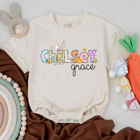 Personalized Chelsey First Easter Baby Romper Whimsical Bunny Design Infant Girl Boy Outfit Gift Spring Celebration