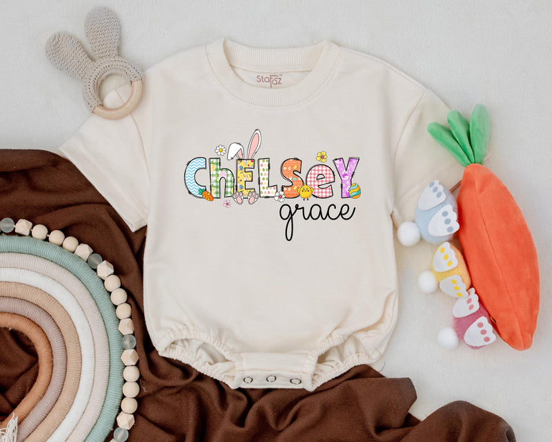 Personalized Chelsey First Easter Baby Romper Whimsical Bunny Design Infant Girl Boy Outfit Gift Spring Celebration