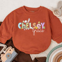 Personalized Chelsey First Easter Baby Romper Whimsical Bunny Design Infant Girl Boy Outfit Gift Spring Celebration