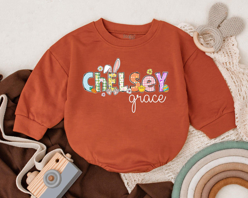 Personalized Chelsey First Easter Baby Romper Whimsical Bunny Design Infant Girl Boy Outfit Gift Spring Celebration