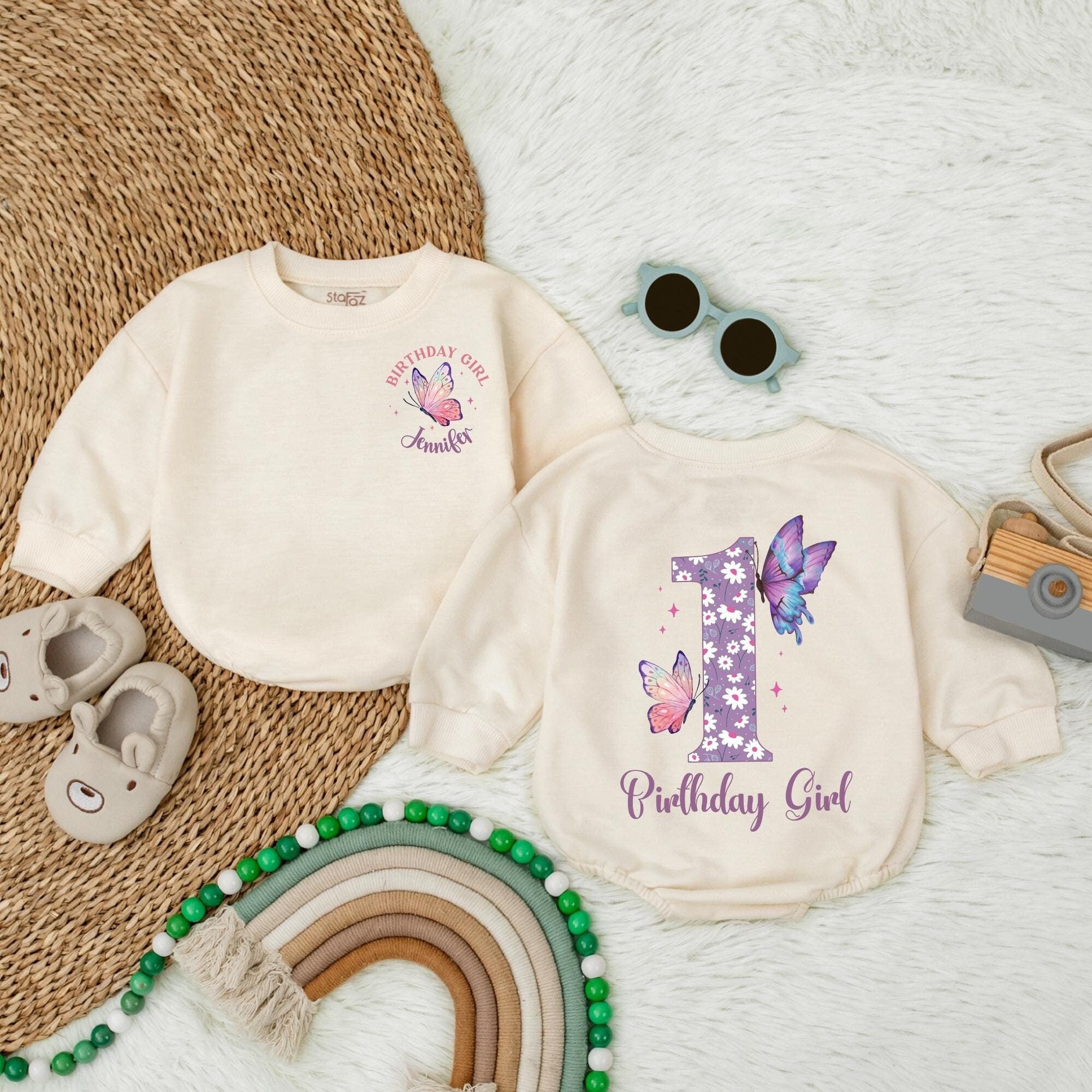 Personalized First Birthday Bubble Romper with Purple Star Number and Butterflies for Baby Girl Birthday Outfit Long-Sleeve Celebration