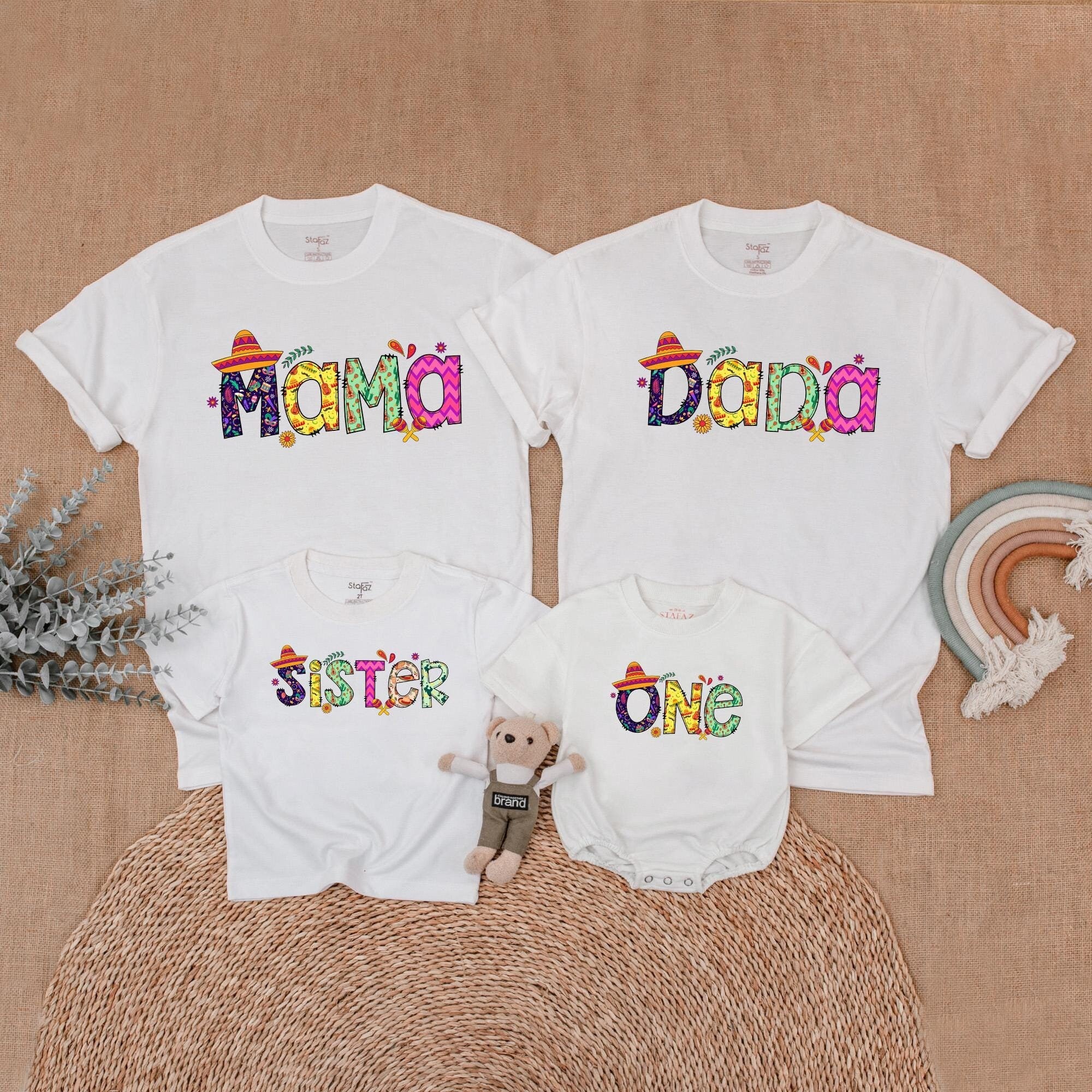 Fiesta 1st Birthday Matching Family Shirt Vibrant Design Custom Names Sombrero Pattern Celebration Outfit Cotton Soft Comfy