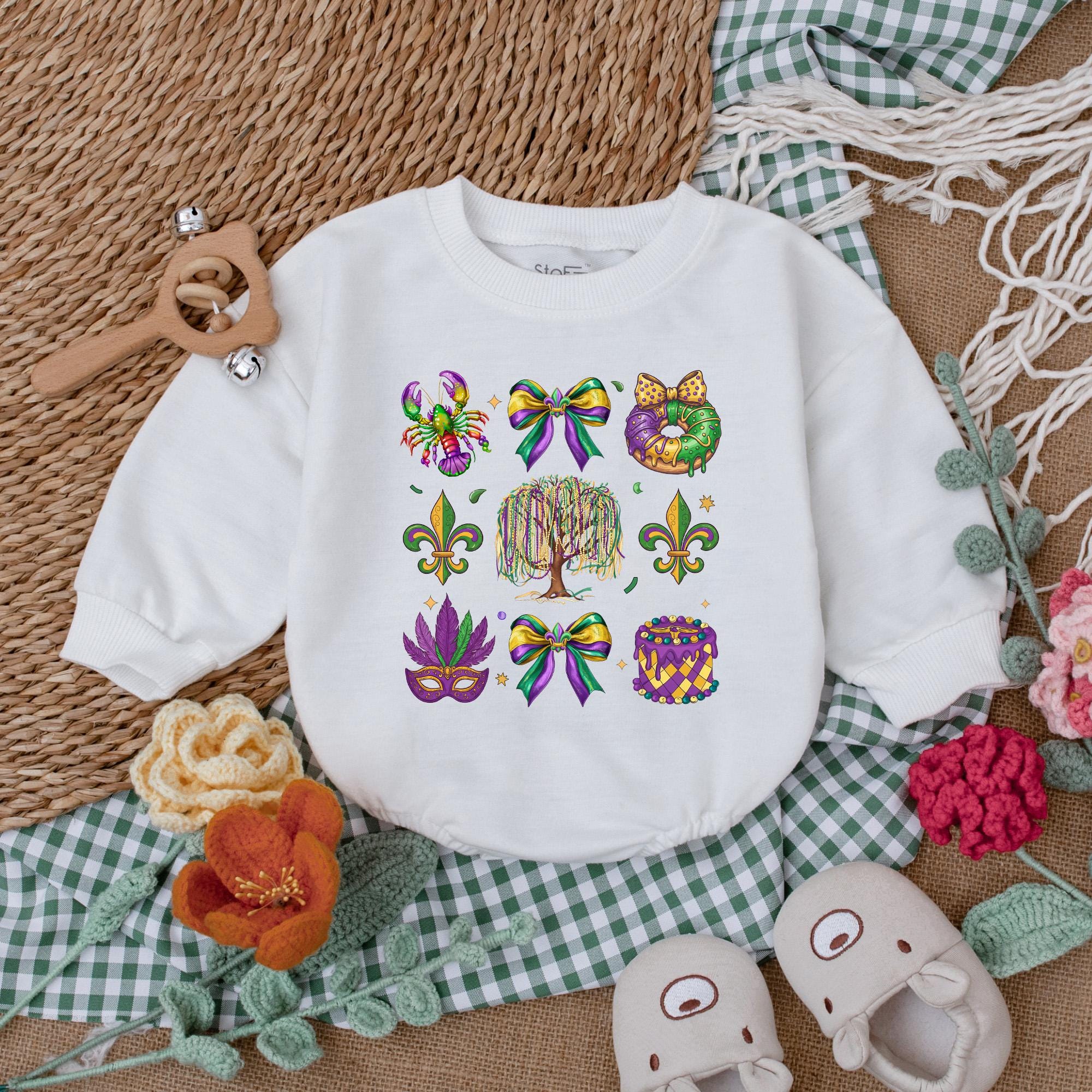 Vibrant Mardi Gras Baby Romper with Fleur-de-lis Mask and Beads Festive Louisiana Outfit Soft Cotton Baby Shower Gift