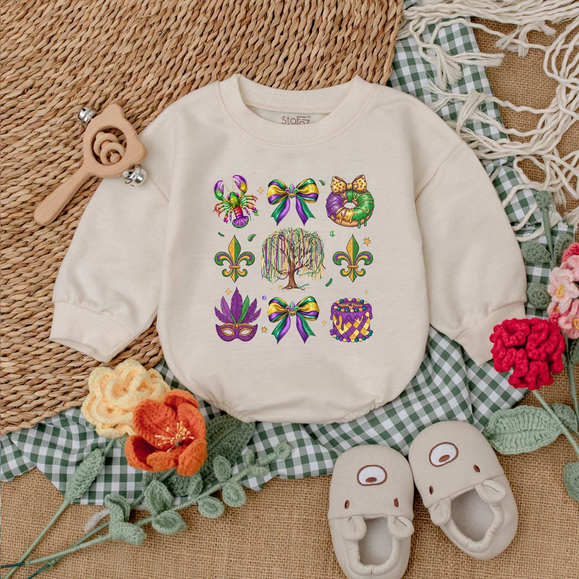 Vibrant Mardi Gras Baby Romper with Fleur-de-lis Mask and Beads Festive Louisiana Outfit Soft Cotton Baby Shower Gift