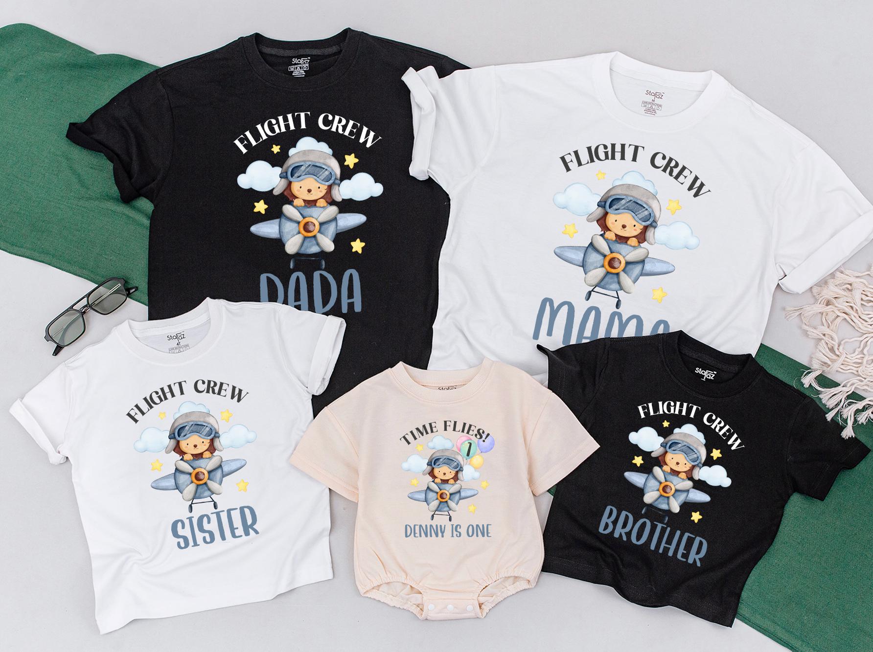 Personalized Flight Crew Family Shirts Cartoon Airplane 1st Birthday Outfit Soft Cotton Custom Names Baby Boy Girl Party