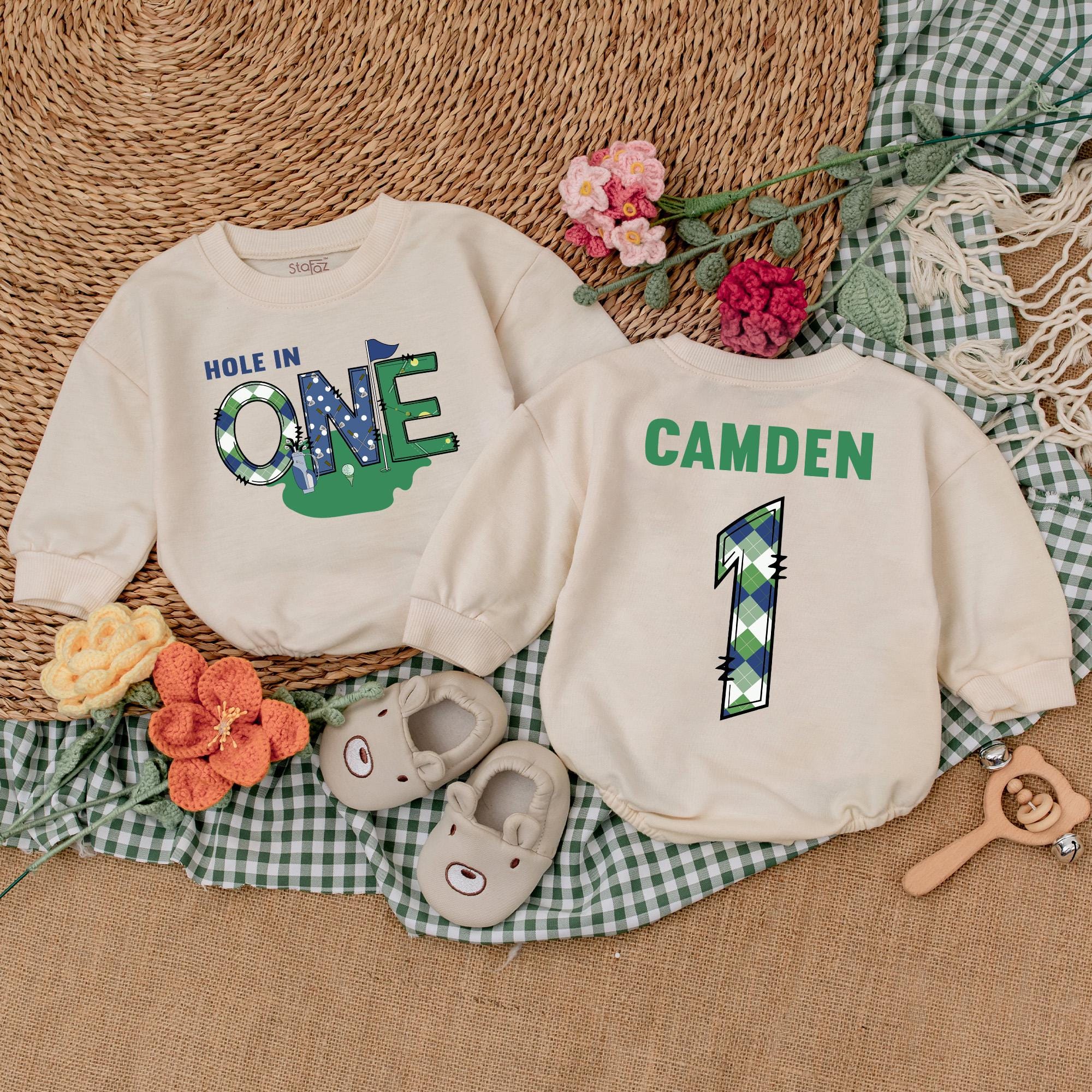 Personalized Baby Golf Romper Hole in One 1st Birthday Outfit Boys Fun Argyle Design Soft Cotton Custom Name Top