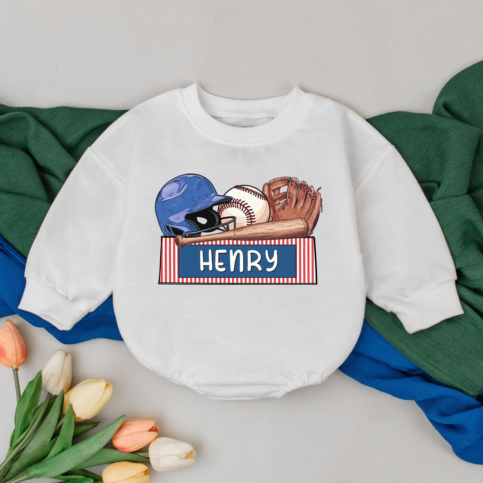 Personalized Henry Baseball Baby Boy Romper Retro Gameday Outfit Soft Cotton Infant Gift Playful Sports Design