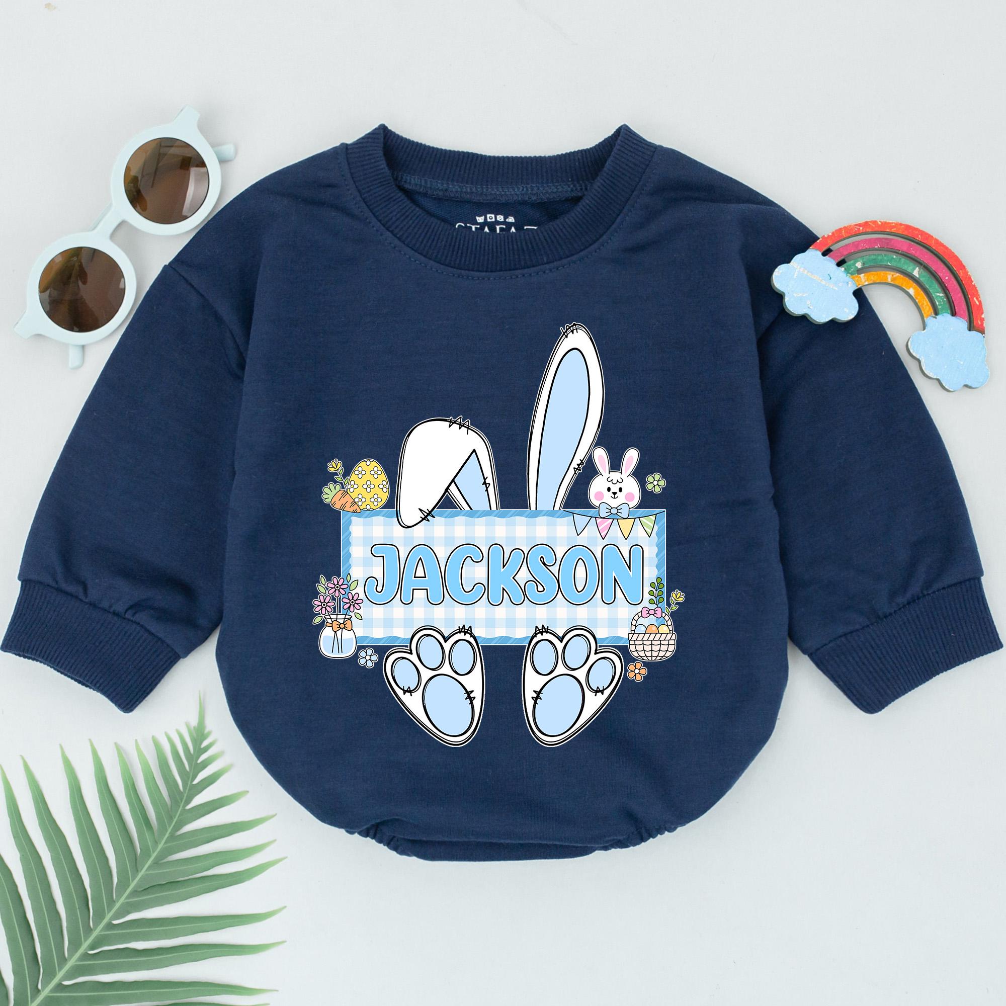 Personalized Easter Bunny Romper with Jackson Name Retro Pastel Design Baby Boy Outfit Ideal for Holiday Baby Shower Gift