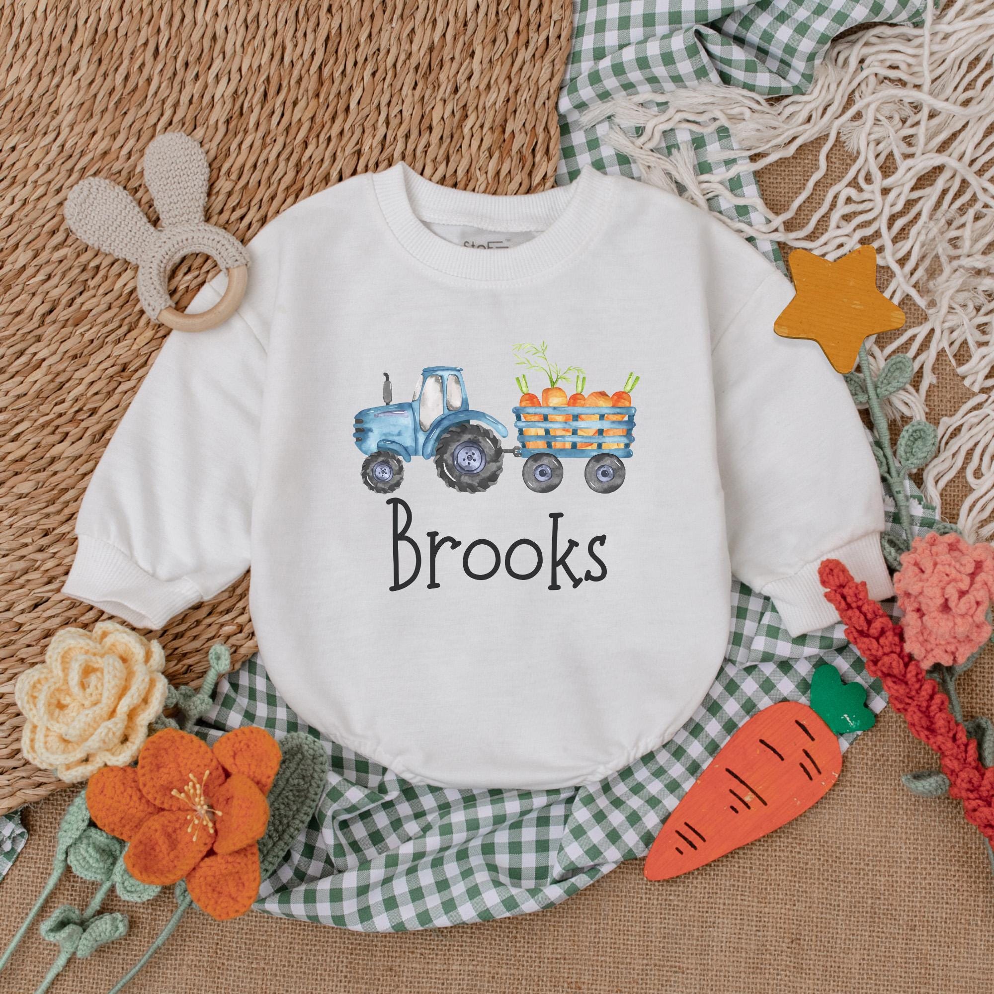 Personalized Easter Tractor Romper for Baby Boys with Blue and Orange Design Perfect Baby Shower Gift