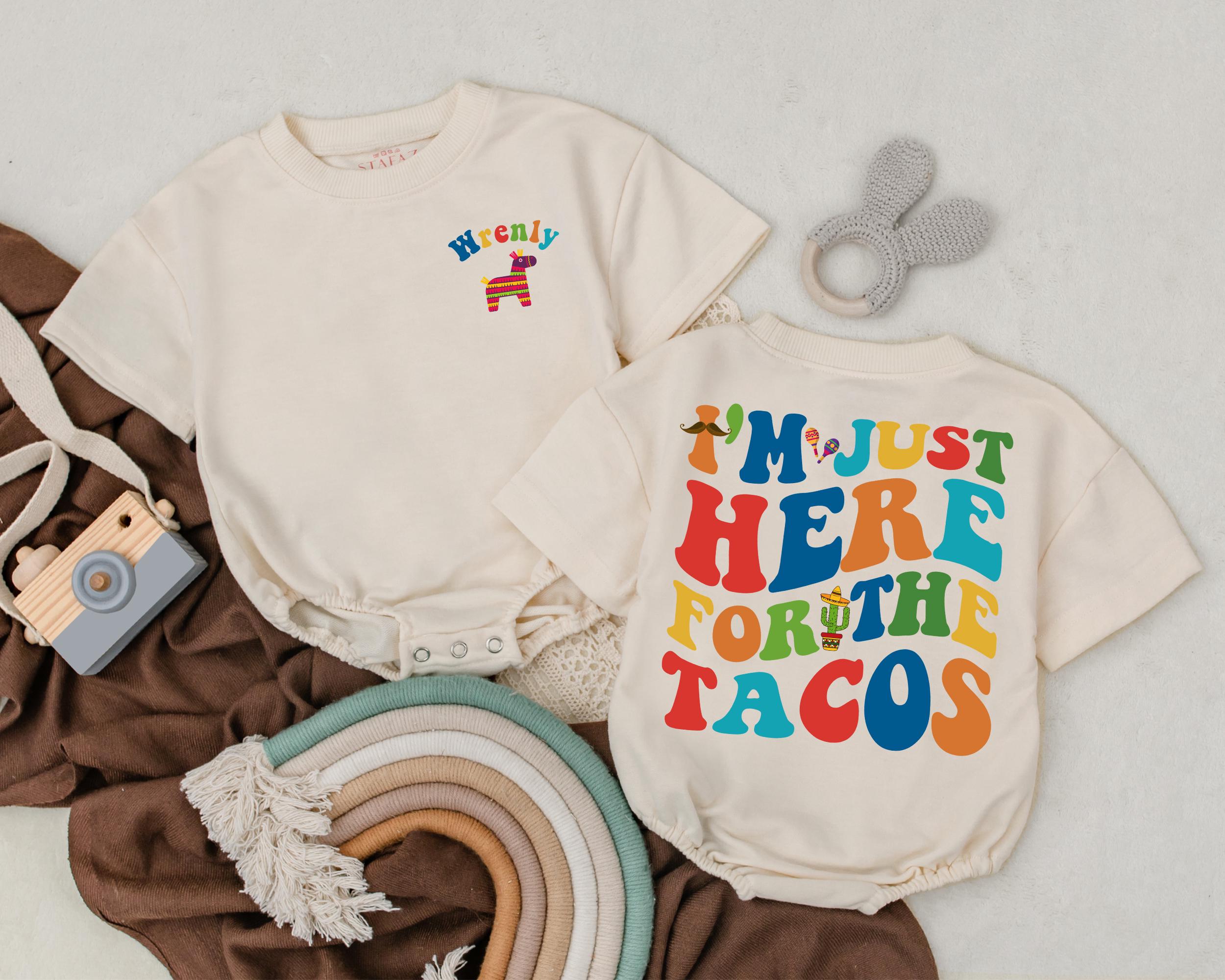 Personalized I'm Just Here for the Tacos Baby Romper Fiesta Outfit 1st Birthday Cinco de Mayo Apparel Taco Tuesday Infant Bodysuit Gift