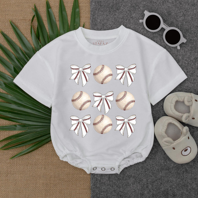 Vintage Baseball & Bow Baby Romper for Game Day