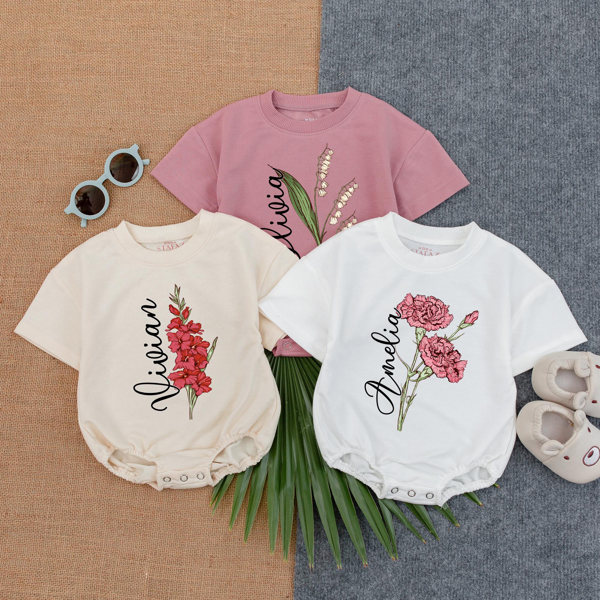 Personalized Birth Month Floral Baby Romper Soft Cotton Infant Girl Outfit Delicate Bloom Newborn Take Home Gift Custom Name Pink Design