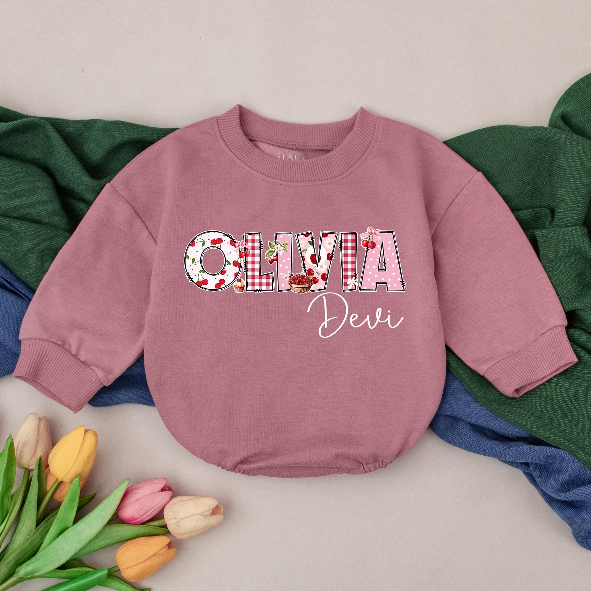 Personalized Olivia Cherry Romper for Baby Girls Birthday Outfit Whimsical Gingham Polka Dot Design Soft Cotton Infant Shower Gift