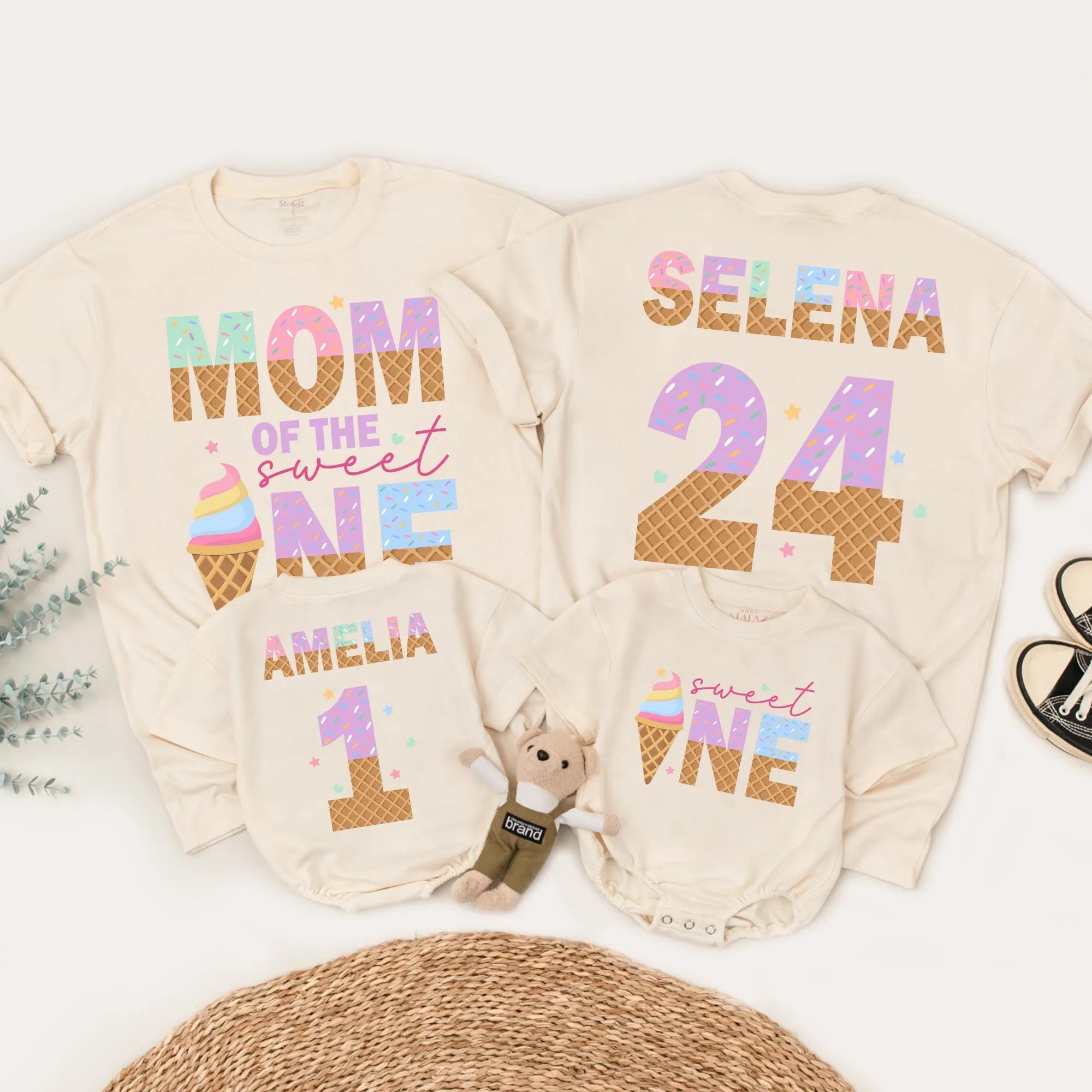 Sweet One Birthday Matching Family Shirts Ice Cream Theme Mom Dad Girl Custom Name Cotton Pastel Party Soft Comfortable Gift