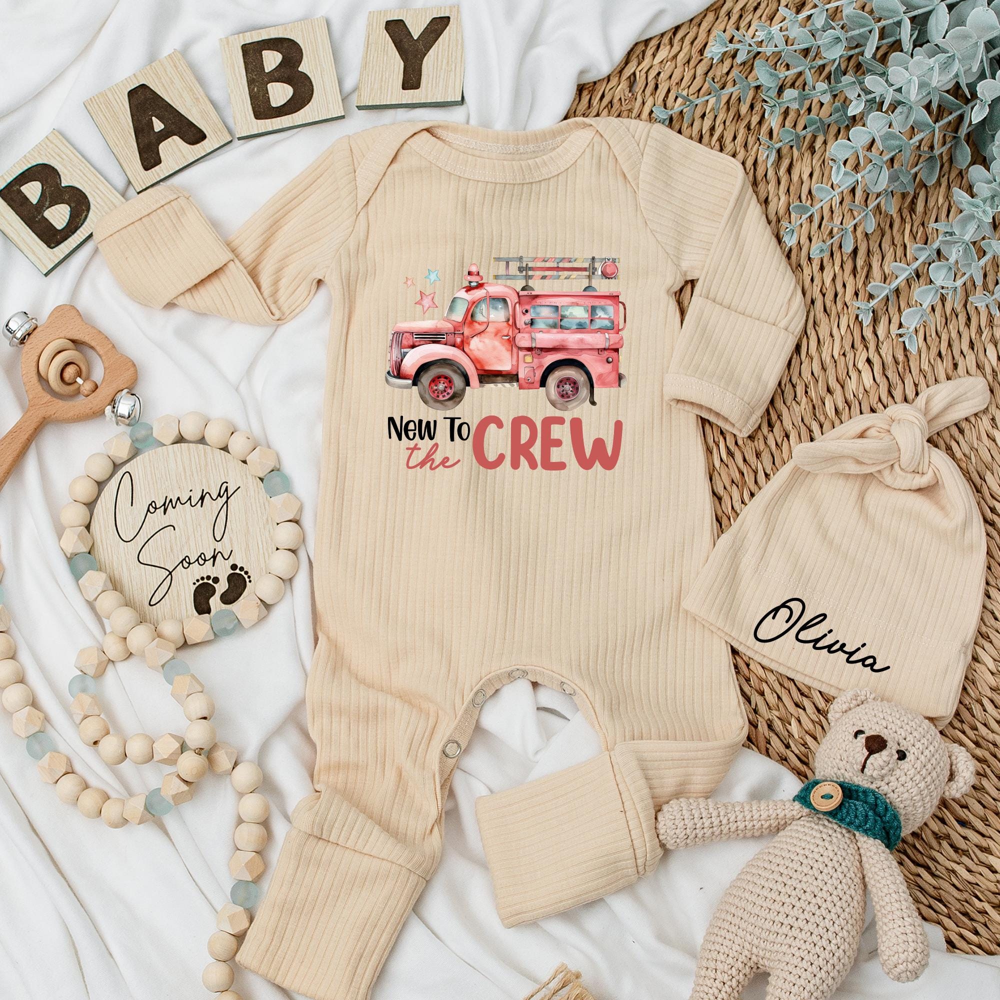 Personalized New to the Crew Firefighter Baby Bodysuit Set Adorable Red Fire Truck Design Gift for Baby Shower or Announcement