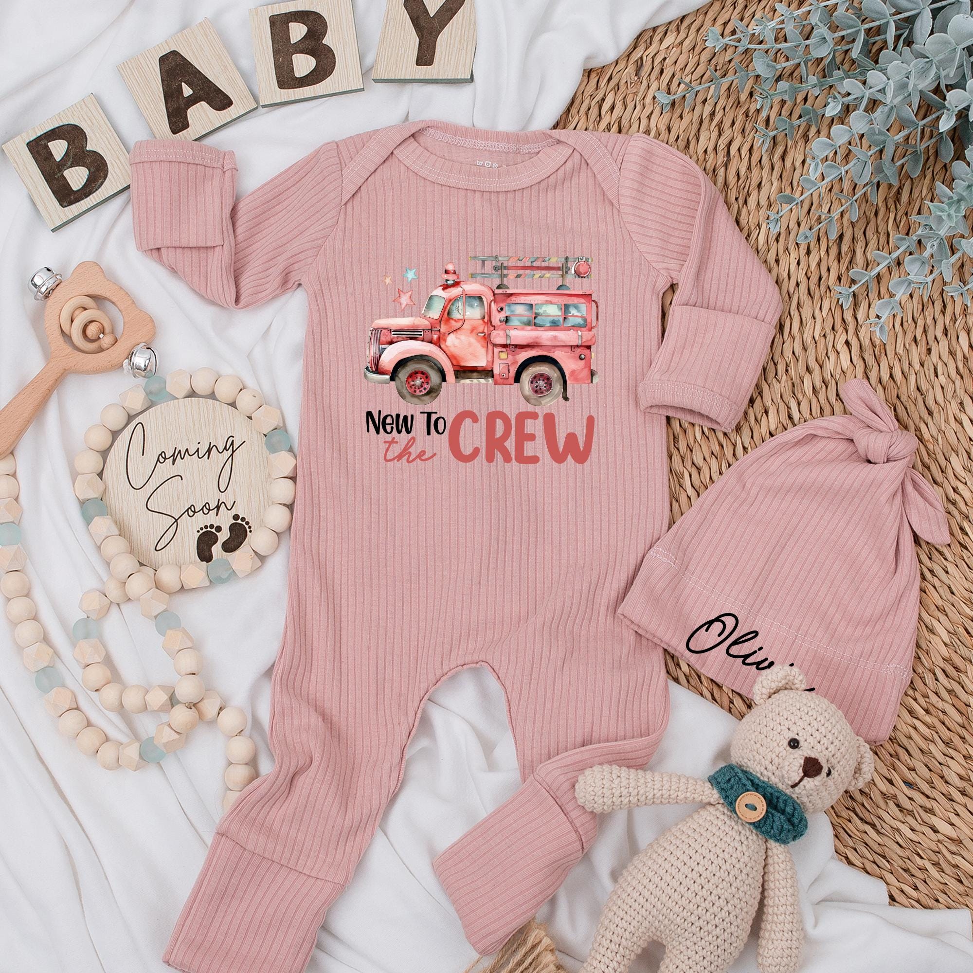 Personalized New to the Crew Firefighter Baby Bodysuit Set Adorable Red Fire Truck Design Gift for Baby Shower or Announcement
