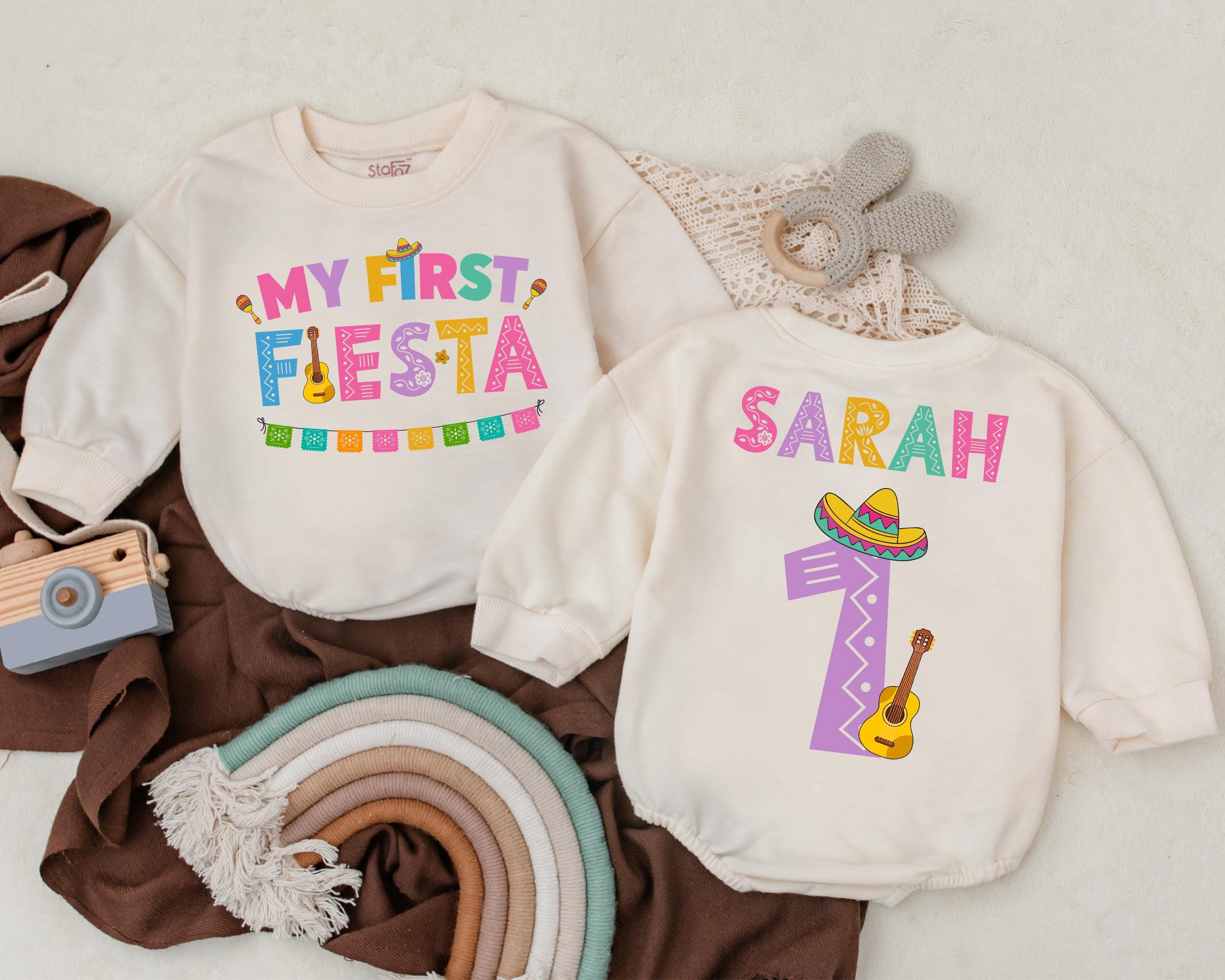 Personalized My First Fiesta Baby Romper with Colorful Mexican Design Guitar and Sombrero Birthday Outfit Cotton Gift for Toddler Girls