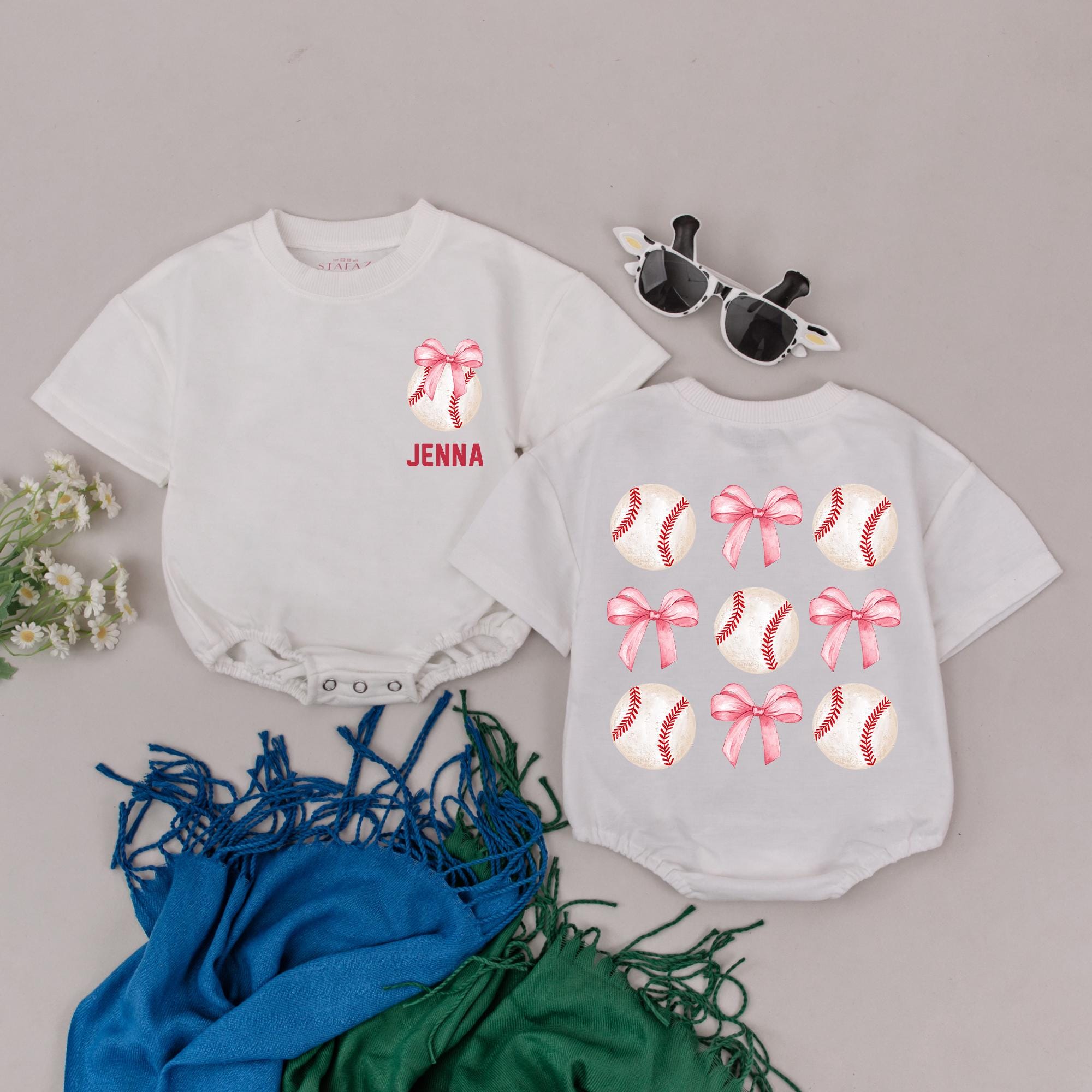 Personalized Baseball Bubble Romper with Pink Bows for Girls