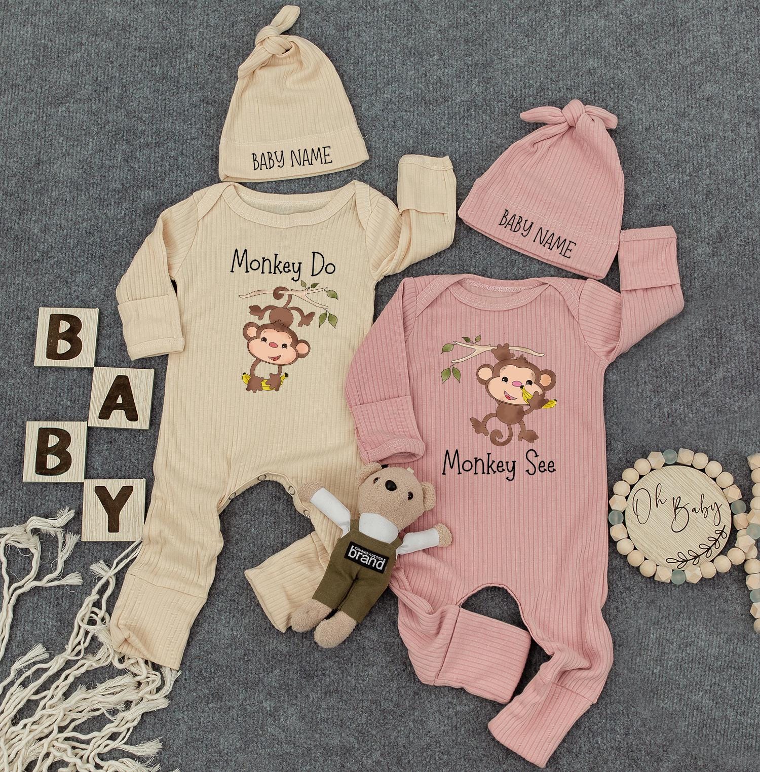 Monkey See Monkey Do Twins Bodysuit Set Soft Jungle Theme Baby Outfit Personalized Name Gift for Newborns Fun Cute Matching Baby Clothes