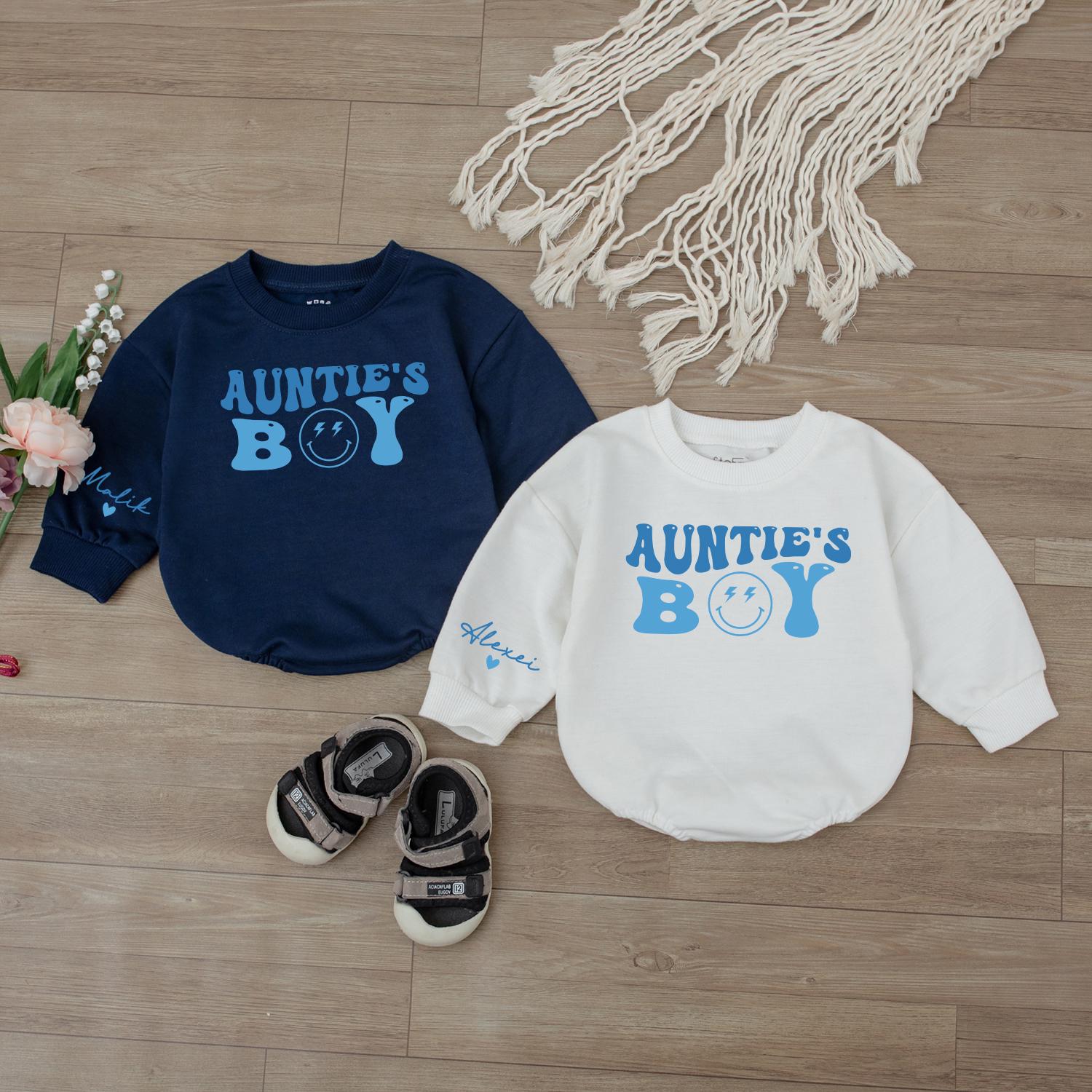 Auntie's Boy Baby Romper with Smiley Face Blue Design Gift for Aunties Soft Cotton Infant Outfit Comfortable Playful Babywear