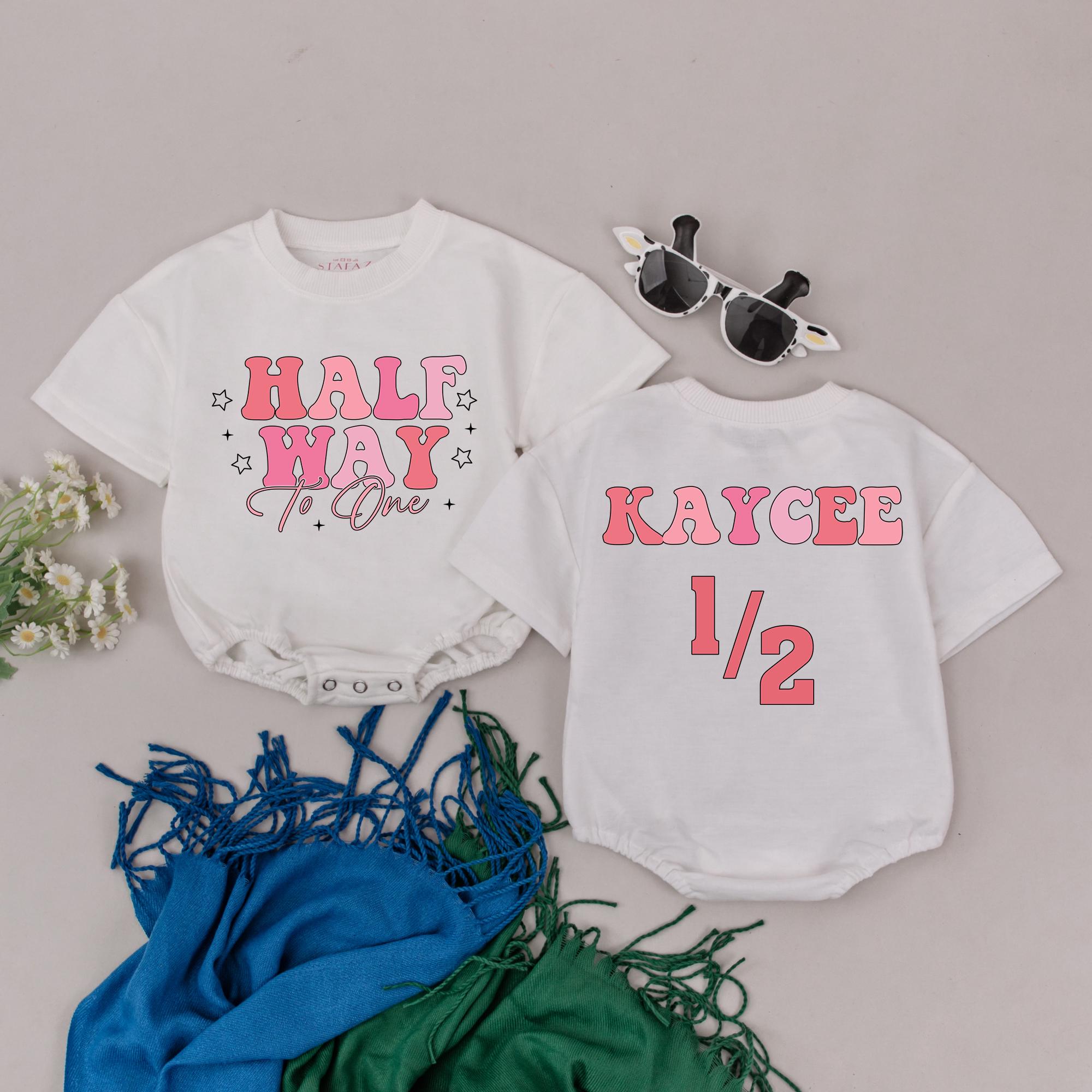 Personalized Half Way To One Birthday Romper for Baby Girl with Pink Stars Custom Name 6 Month Infant Outfit Cotton Soft Gift