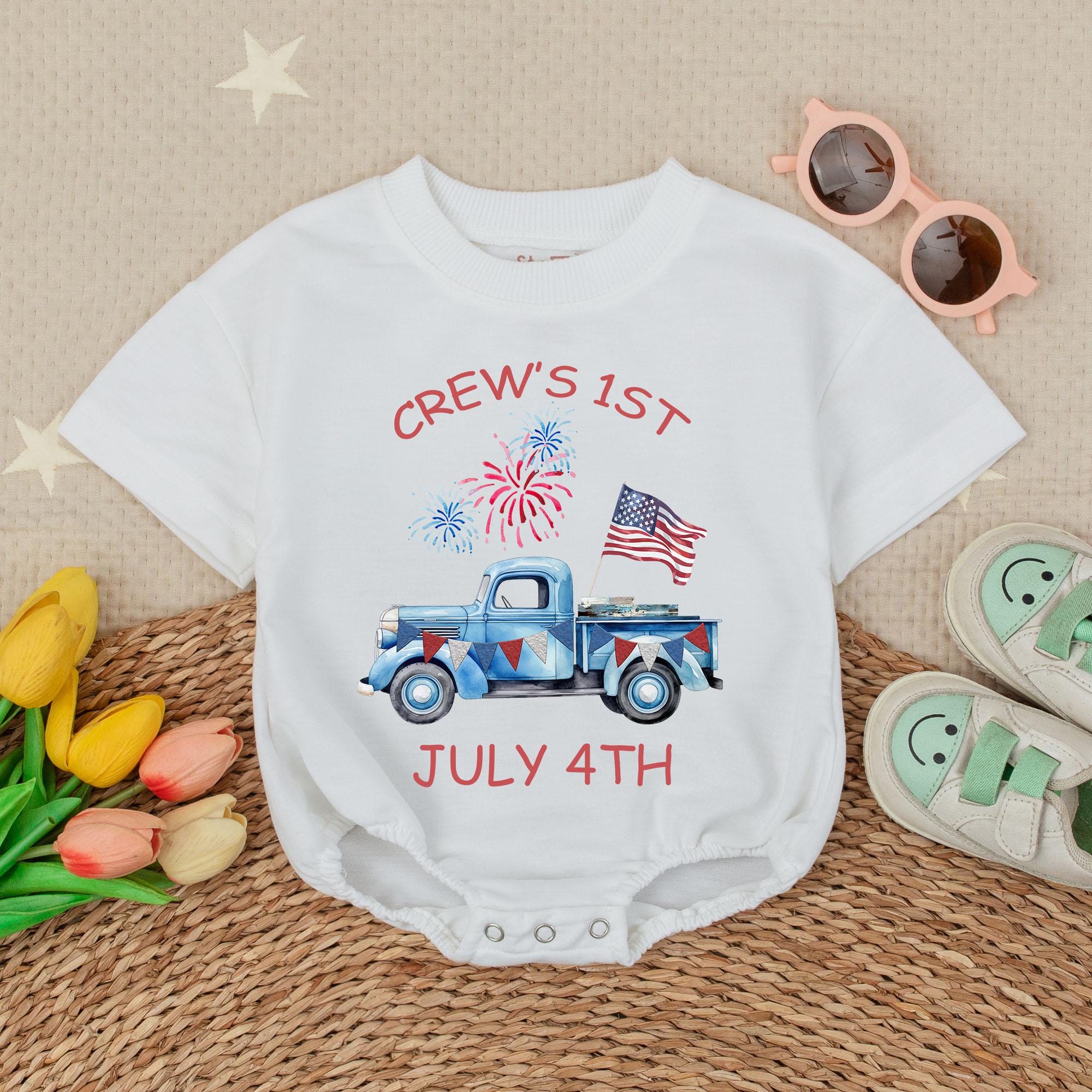 Custom Name Baby Boy 1st July 4th Bubble Romper Vintage Truck Fireworks USA Bodysuit Patriotic Holiday Outfit Infant Gift
