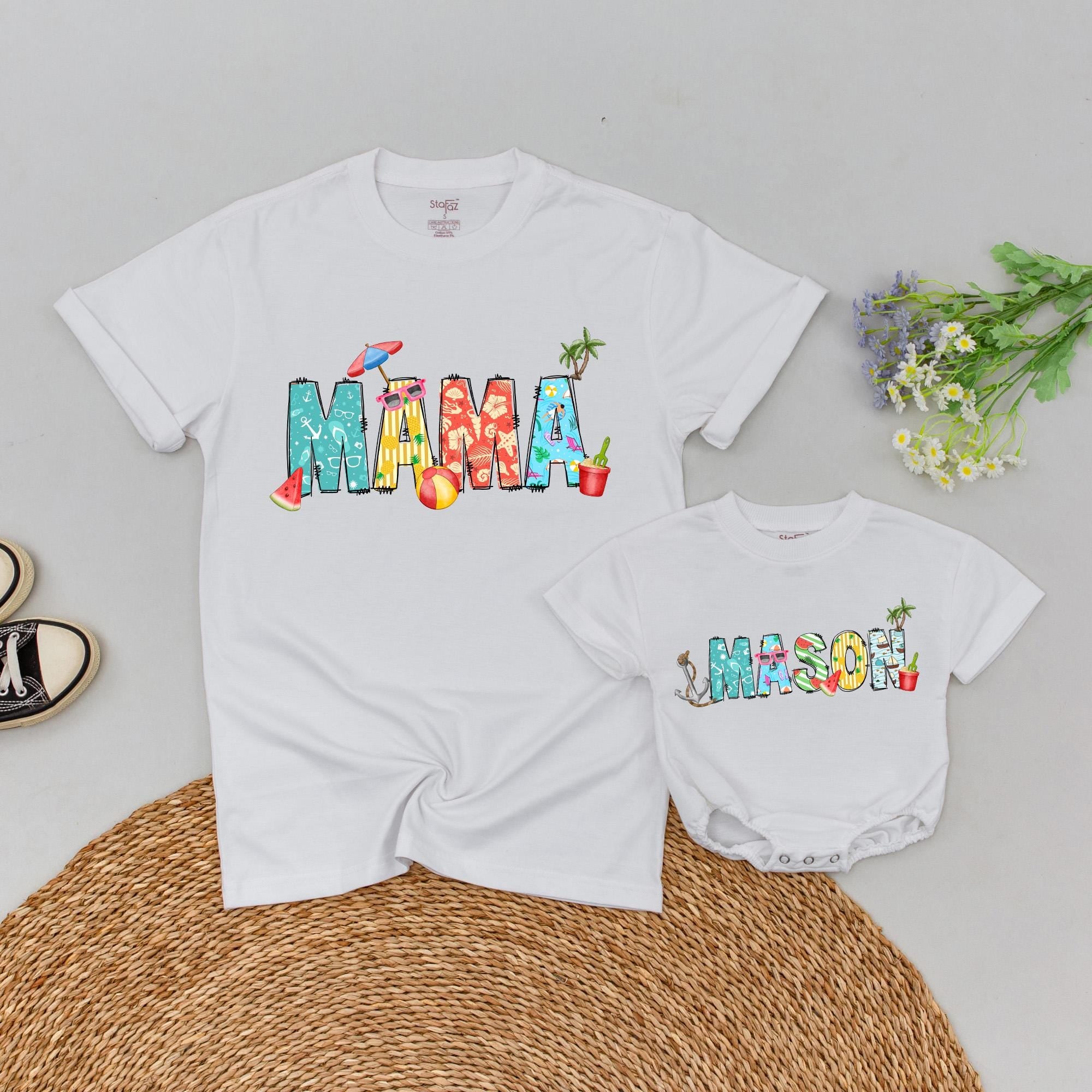 Personalized Summer Beach Family T-Shirt with Fun Vibrant Designs Custom Names Palm Trees Ice Cream Beach Ball Holiday Gift Idea