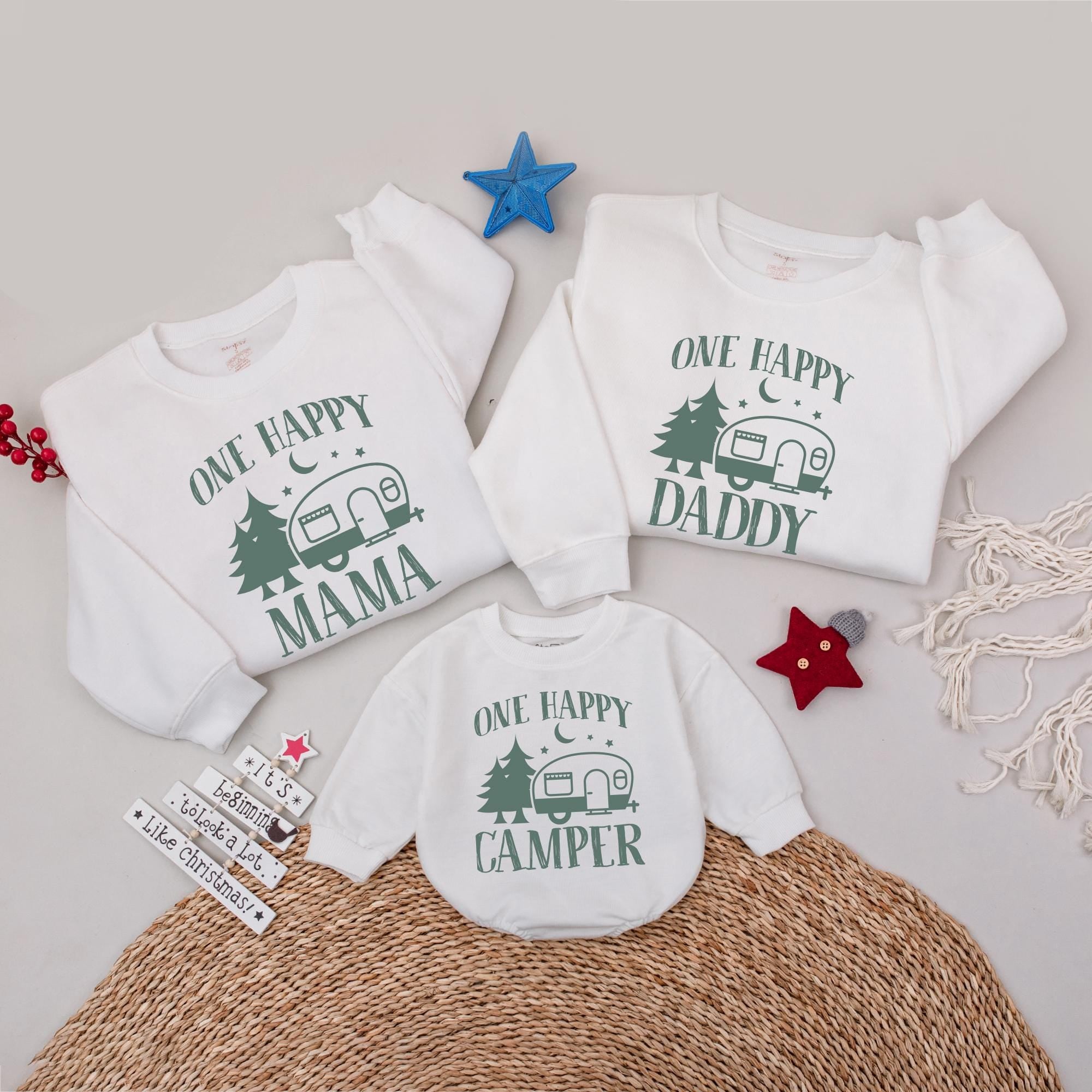 One Happy Camper Family Sweatshirts with Vintage Trailer Design