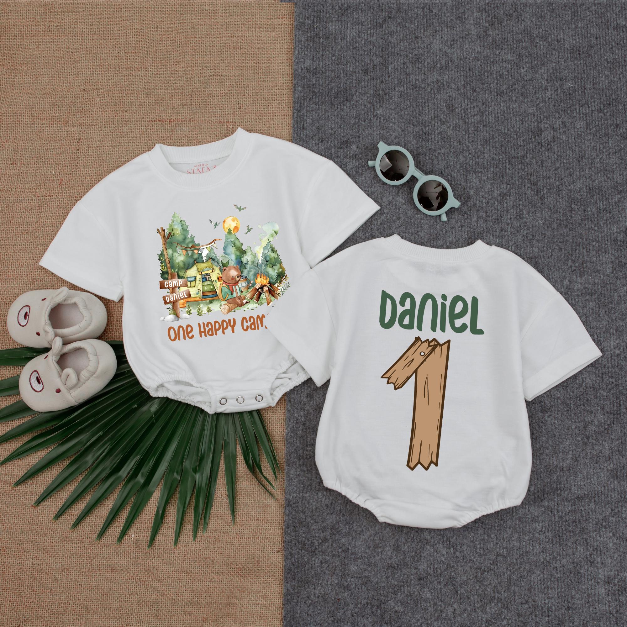 One Happy Camper Baby Romper with Personalized Name