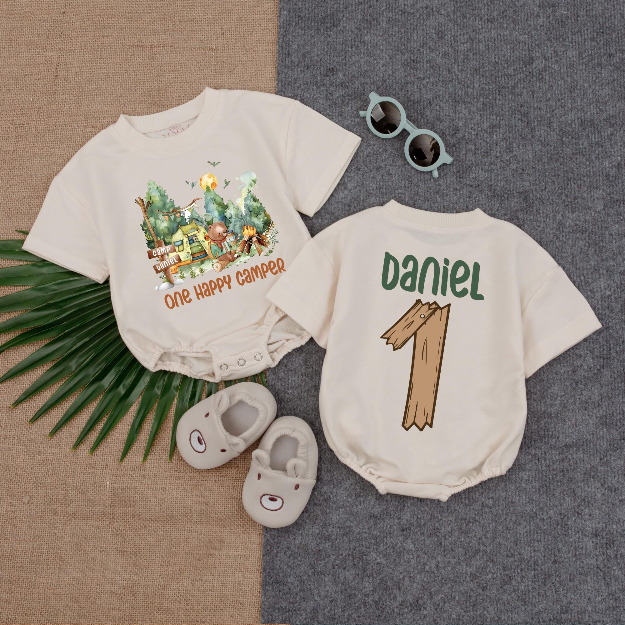 One Happy Camper Baby Romper with Personalized Name