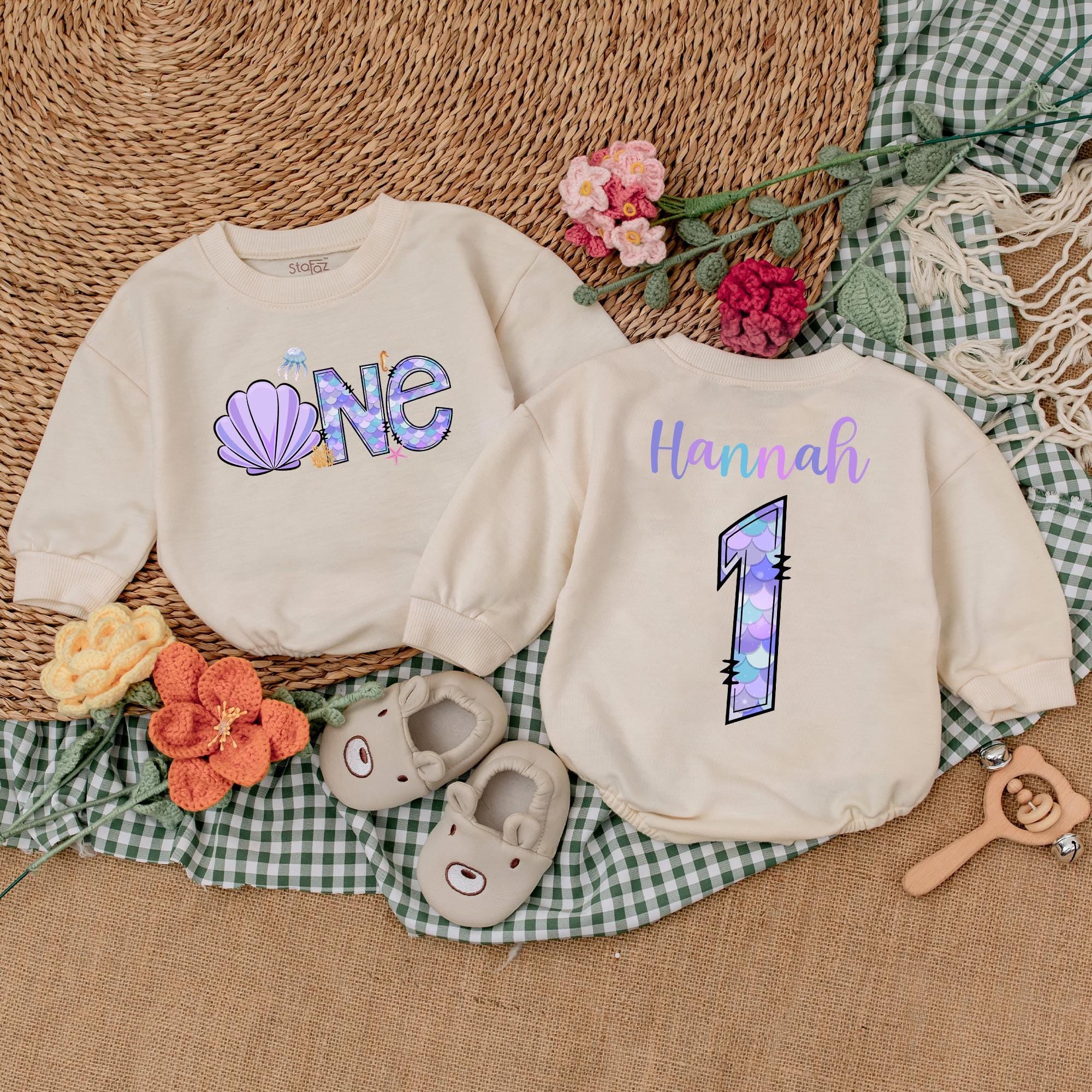 Personalized Mermaid 1st Birthday Romper featuring Hannah's Name