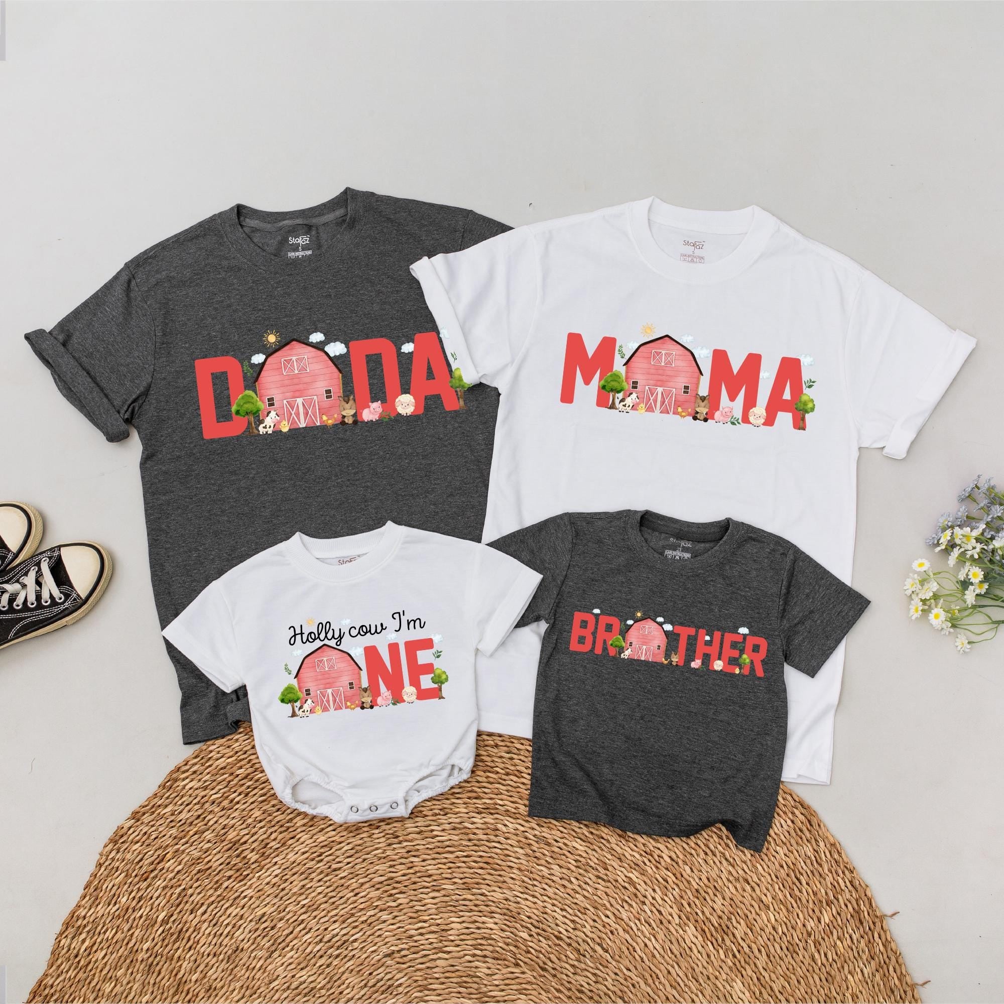 Personalized Farm Birthday T-Shirt for Family Red Barn Animal Theme Custom Name Soft Cotton First Birthday Party Outfit