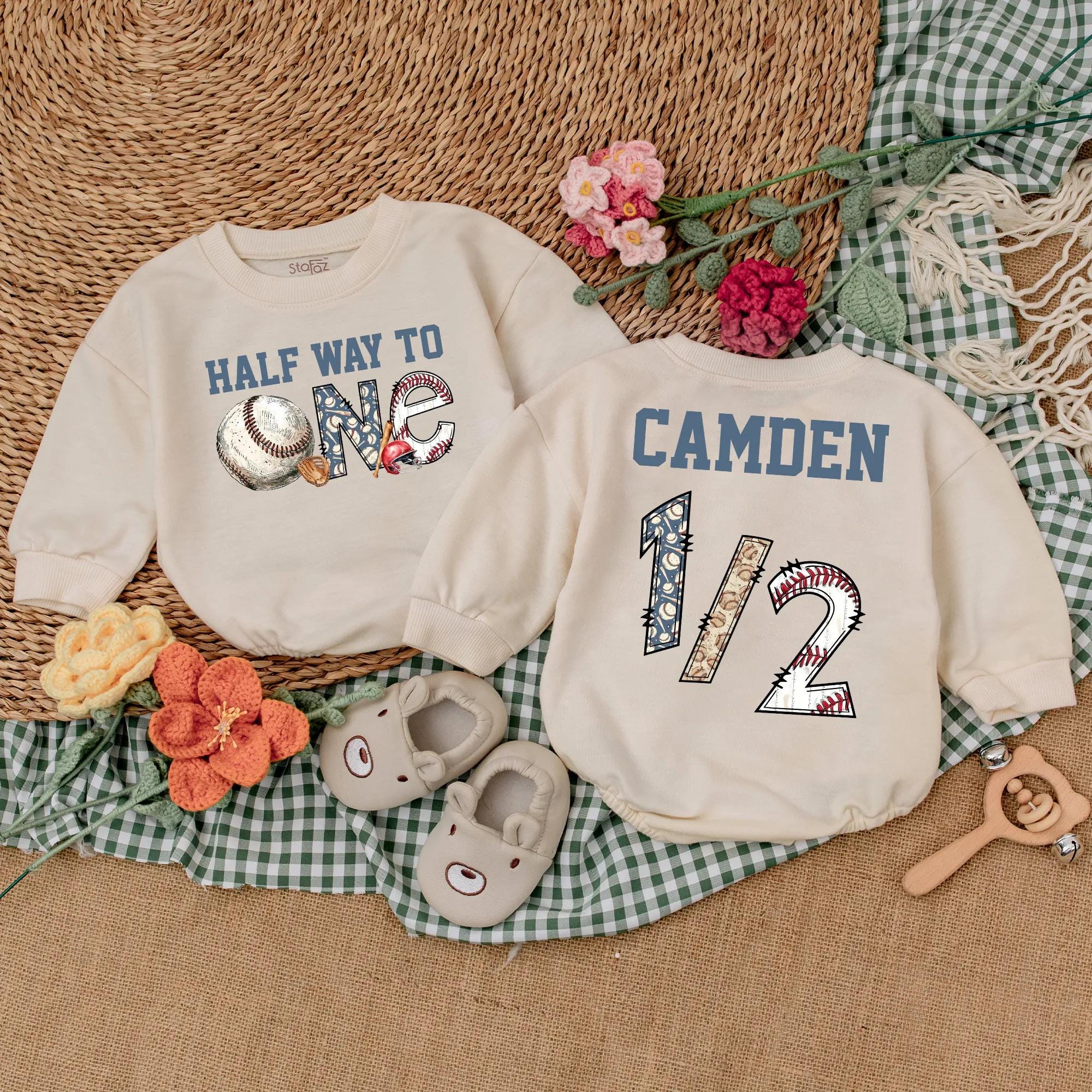 Personalized Half Way to One Baseball Romper Baby Boy's 1/2 Birthday Outfit Vibrant Sports Design Camdem Name Cotton Gift 6 Months